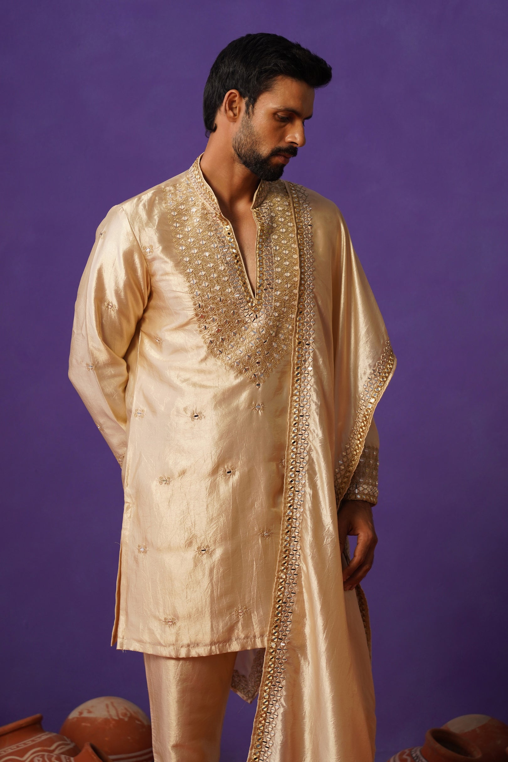 ZOHAYR BEIGE V-NECK MIRROR KURTA DUPATTA SET