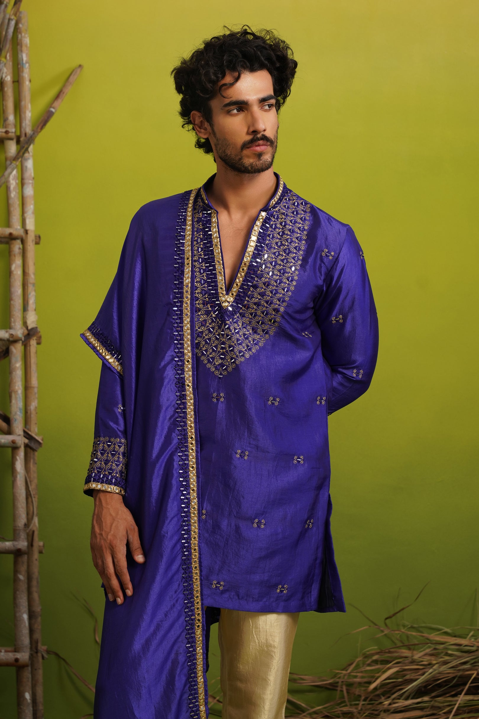 ZOHAYR ROYAL BLUE V-NECK MIRROR KURTA DUPATTA SET