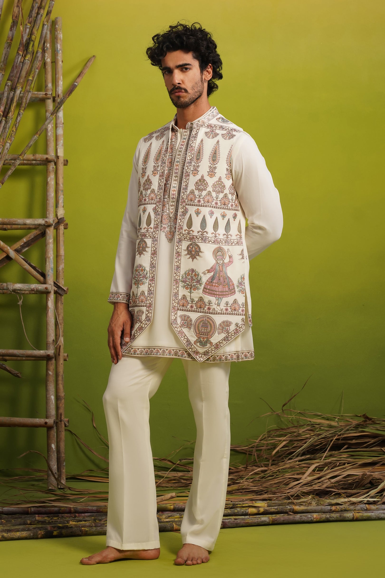 KATHAKALI IVORY SHORT KURTA JACKET SET