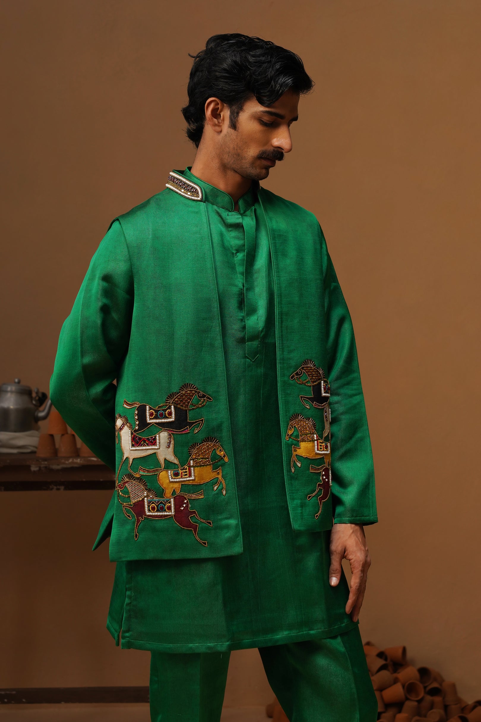 DERBY GREEN SHORT KURTA JACKET SET