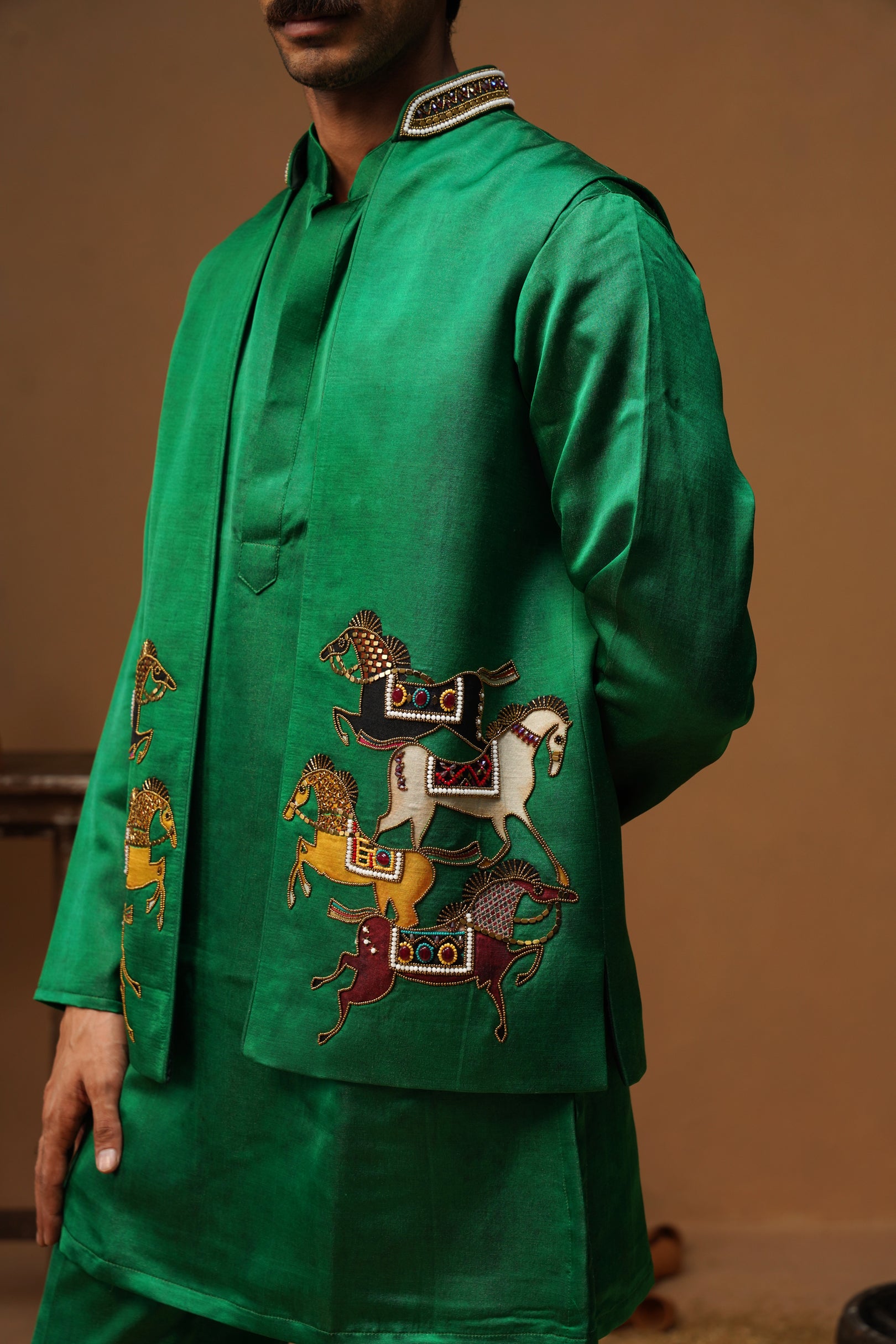DERBY GREEN SHORT KURTA JACKET SET