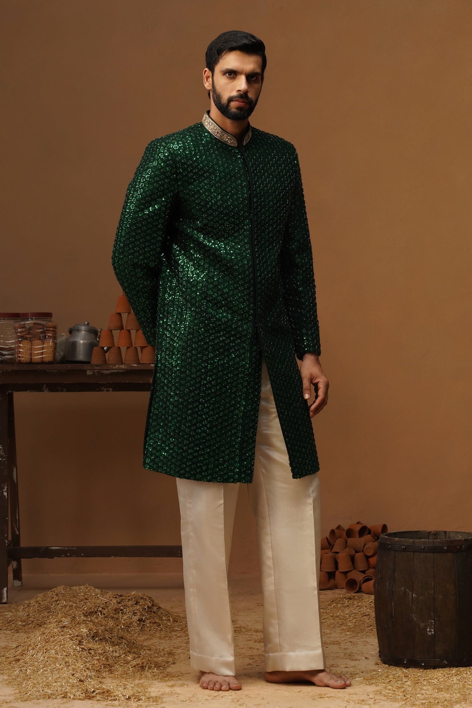 HUMSAFAR BOTTLE GREEN INDO - WESTERN  SET