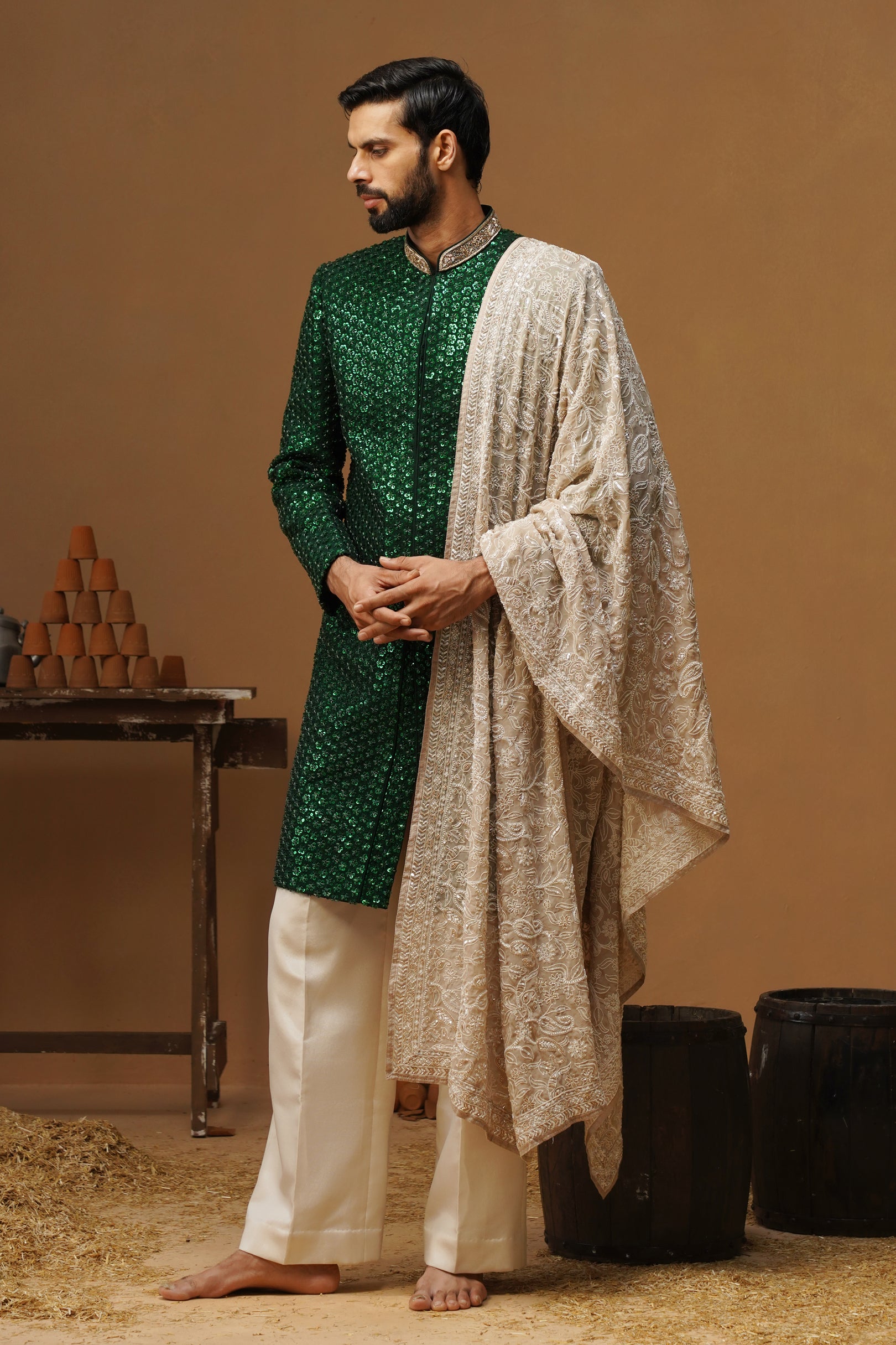 VED BOTTLE GREEN SHERWANI SET
