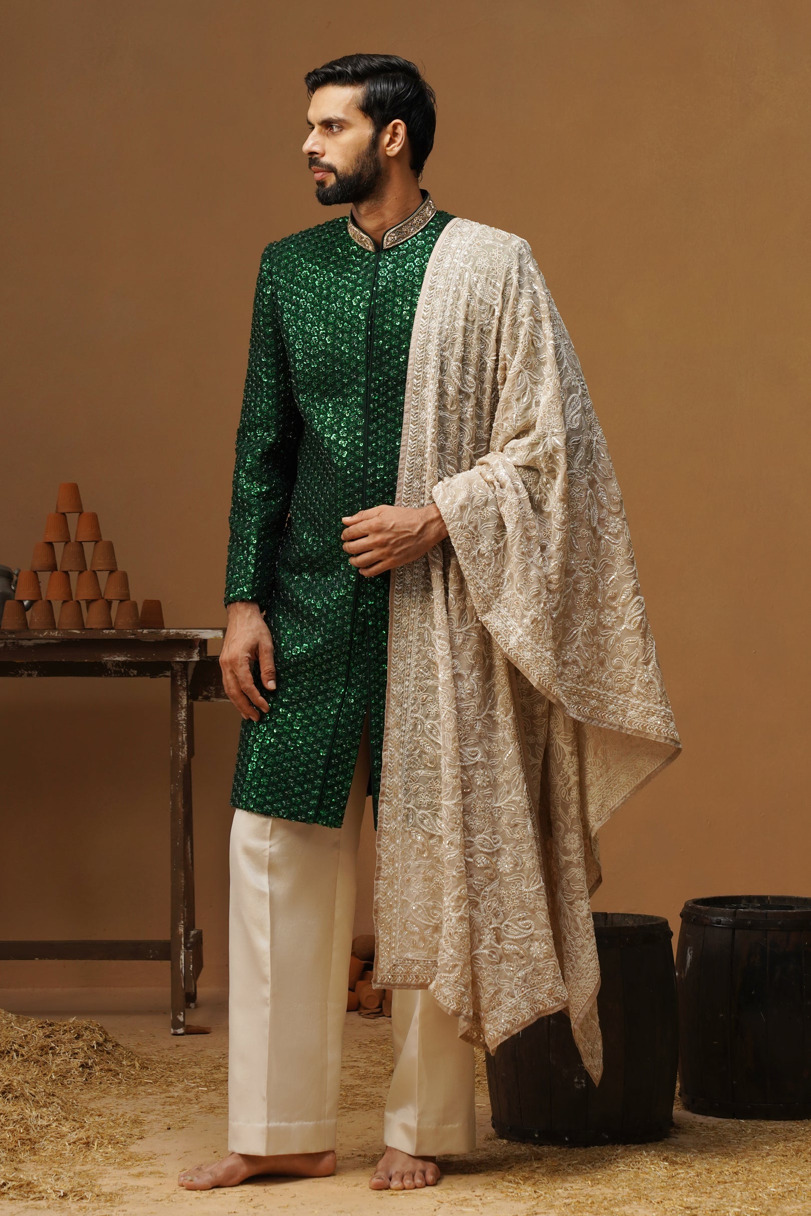 VED BOTTLE GREEN SHERWANI SET