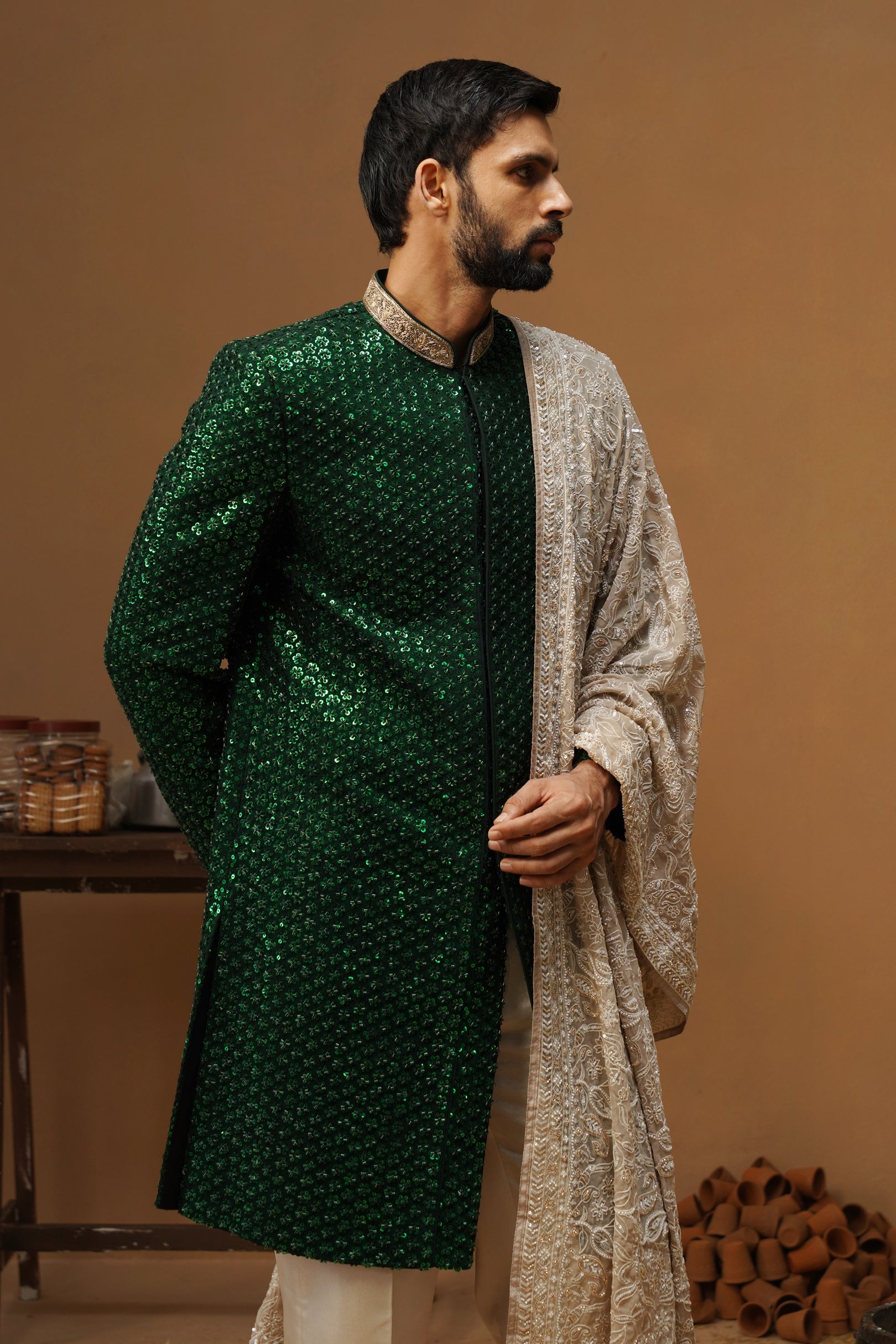 VED BOTTLE GREEN SHERWANI SET