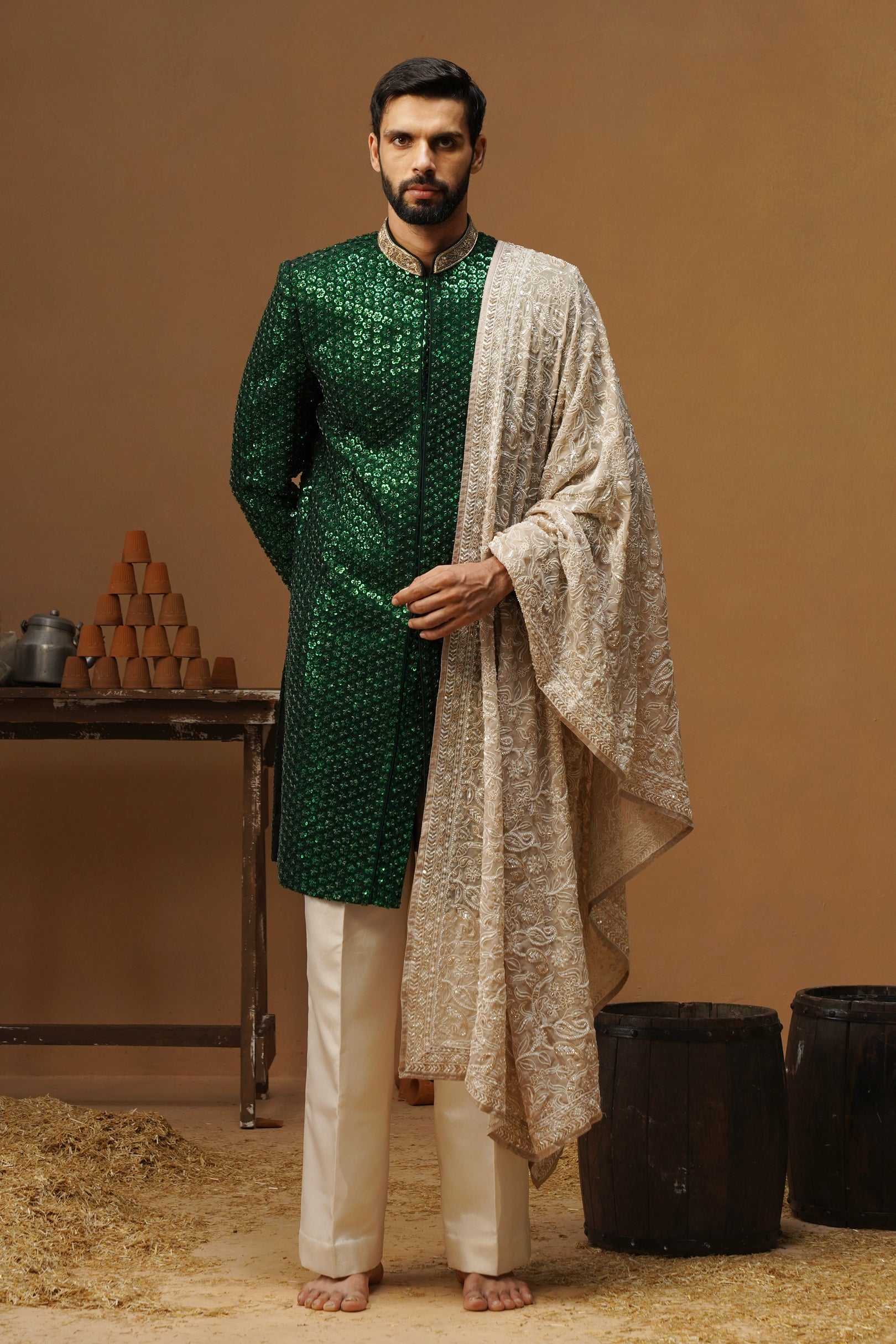 VED BOTTLE GREEN SHERWANI SET
