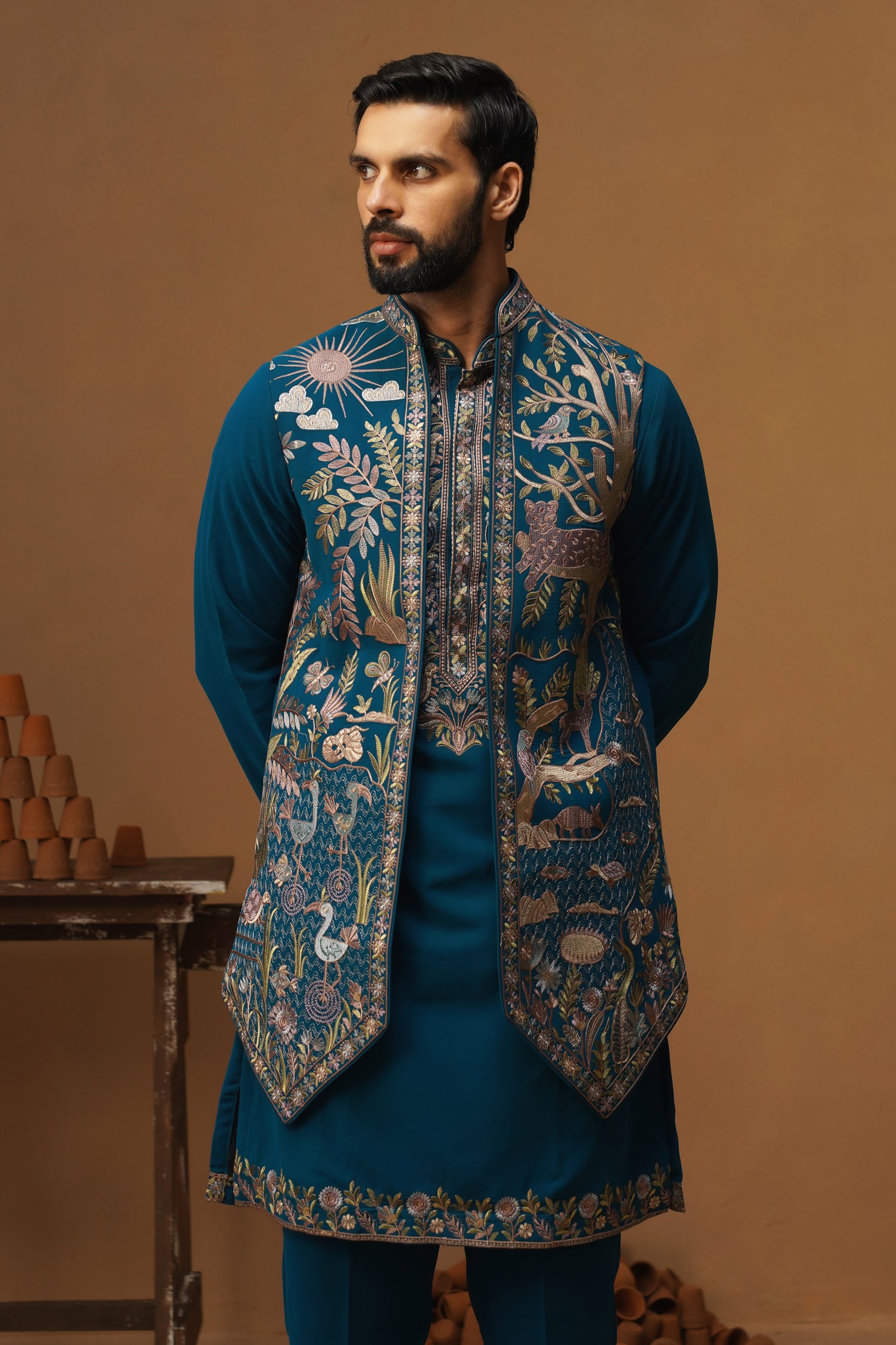 JUNGLE FIROZI KURTA JACKET SET