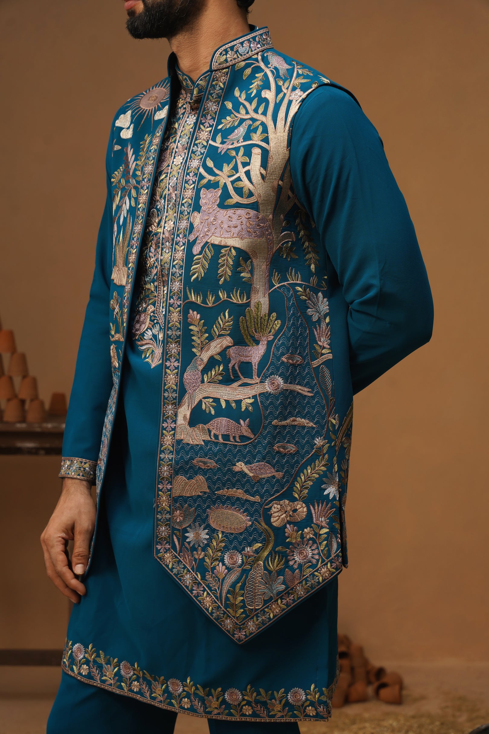 JUNGLE FIROZI KURTA JACKET SET