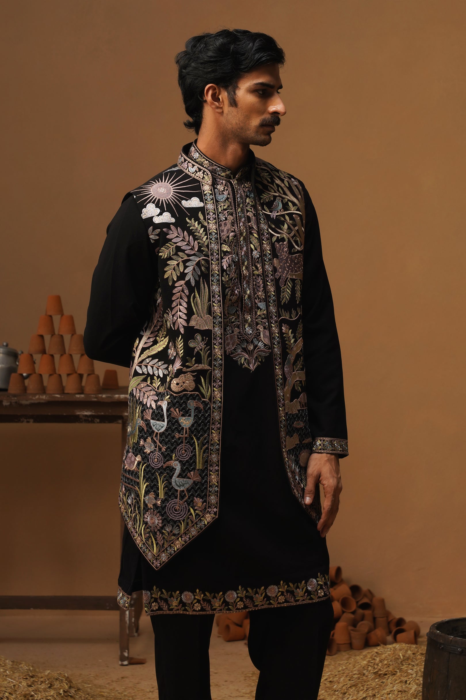 JUNGLE BLACK KURTA JACKET SET