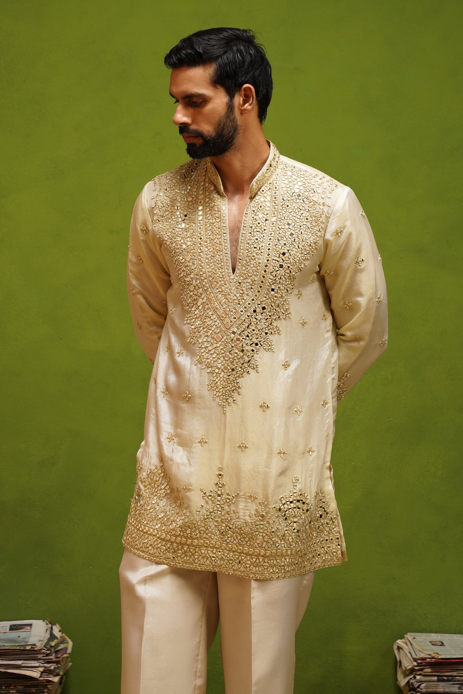 ARYA BEIGE  V NECK SHORT KURTA SET