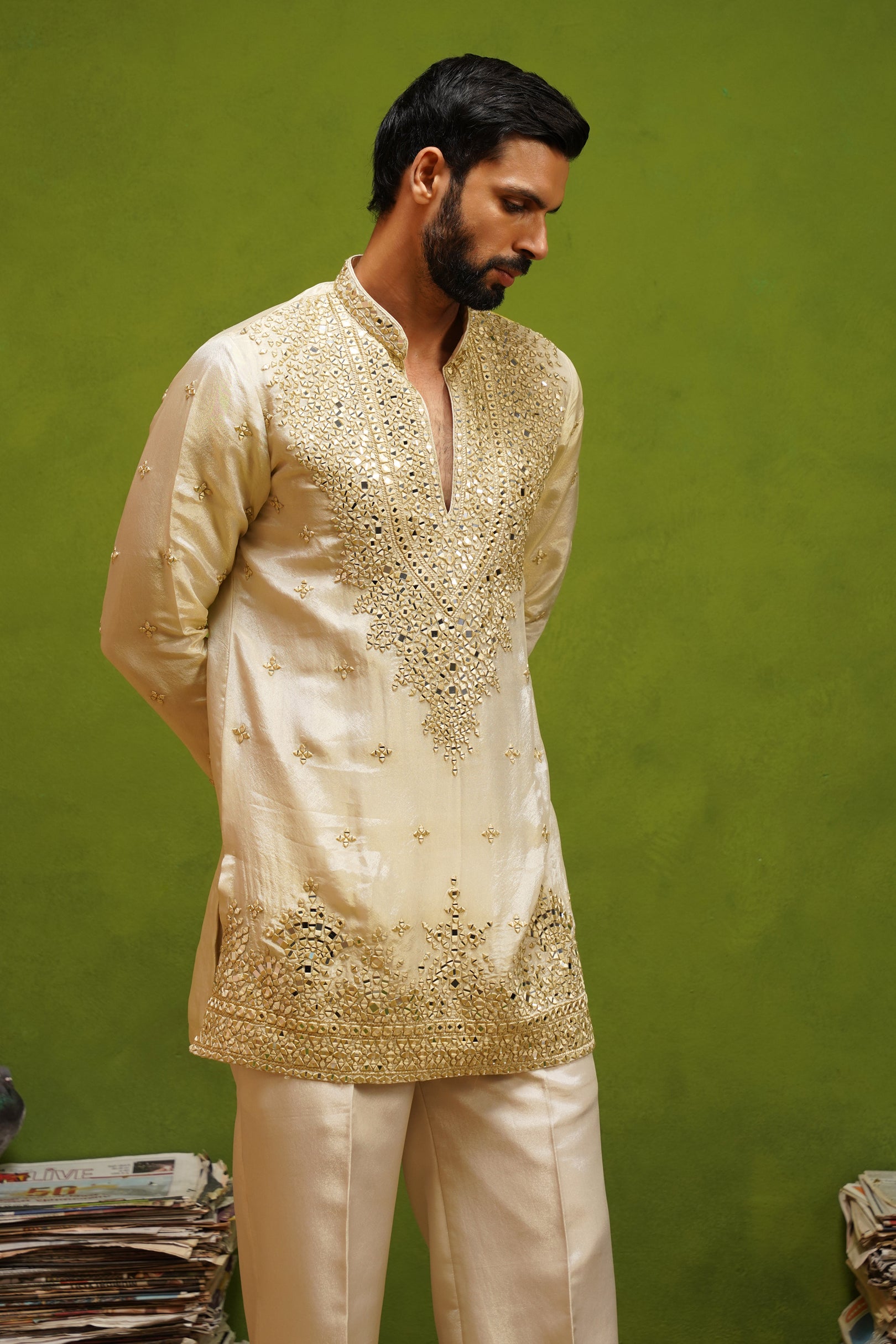 ARYA BEIGE  V NECK SHORT KURTA SET