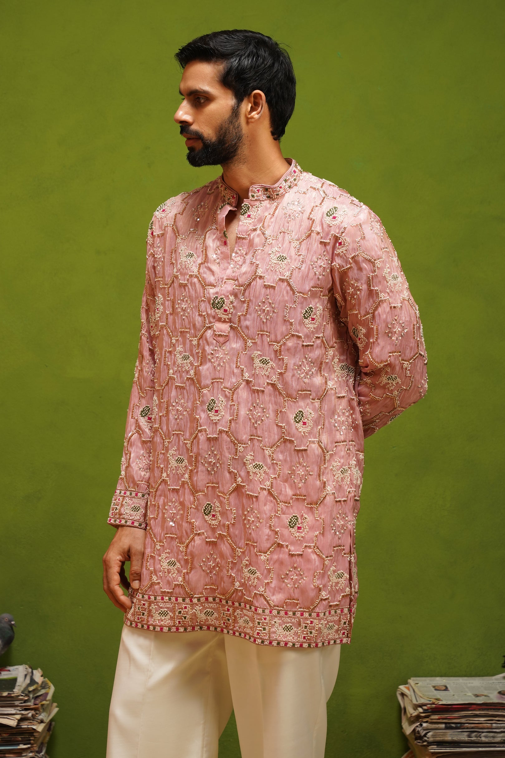 PATOLA PINK SHORT KURTA  SET