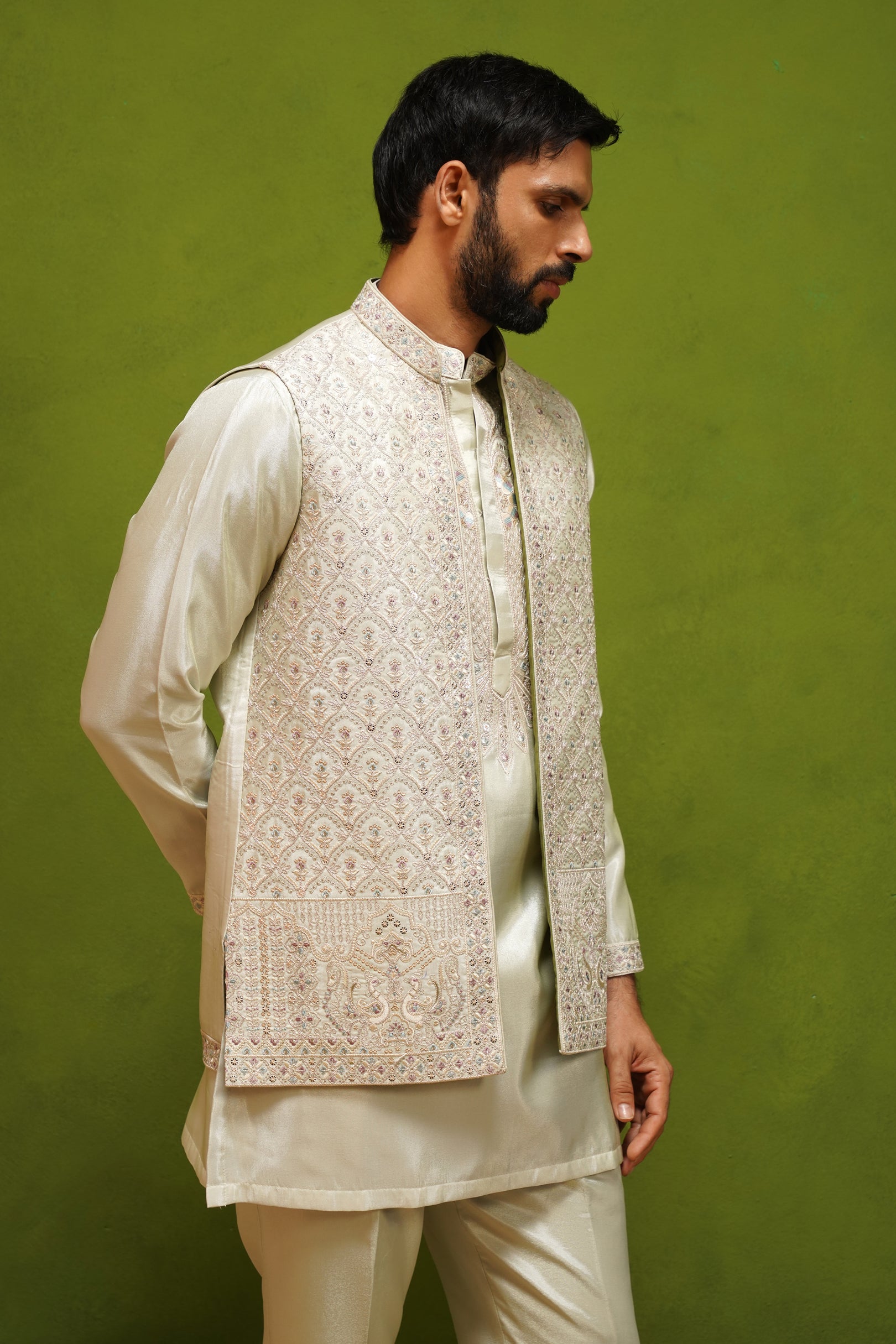 OJASV MEHNDI SHORT KURTA JACKET  SET
