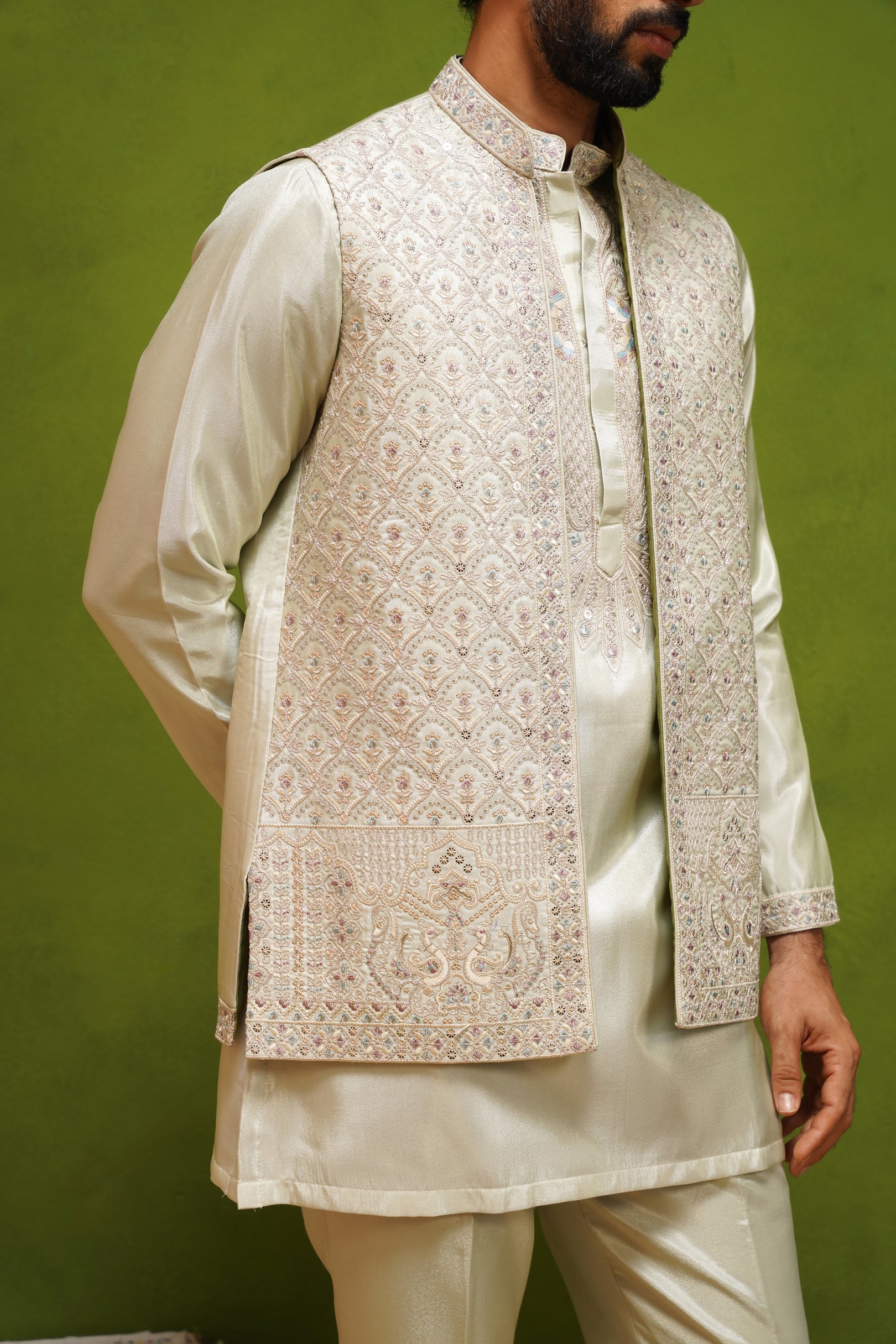 OJASV MEHNDI SHORT KURTA JACKET  SET