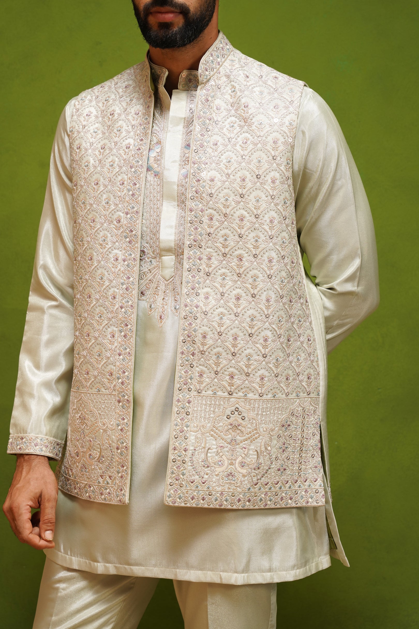 OJASV MEHNDI SHORT KURTA JACKET  SET