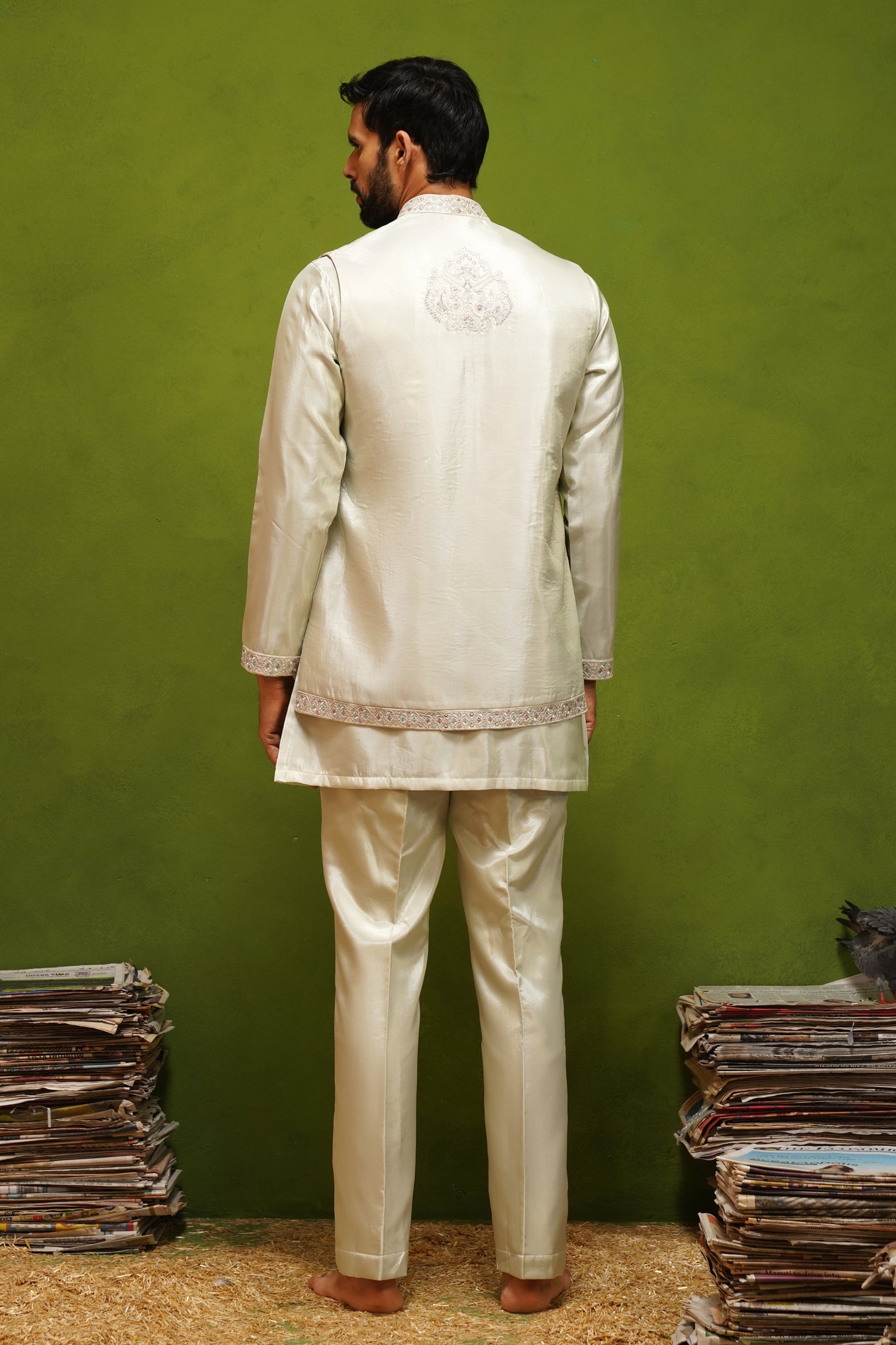 OJASV MEHNDI SHORT KURTA JACKET  SET