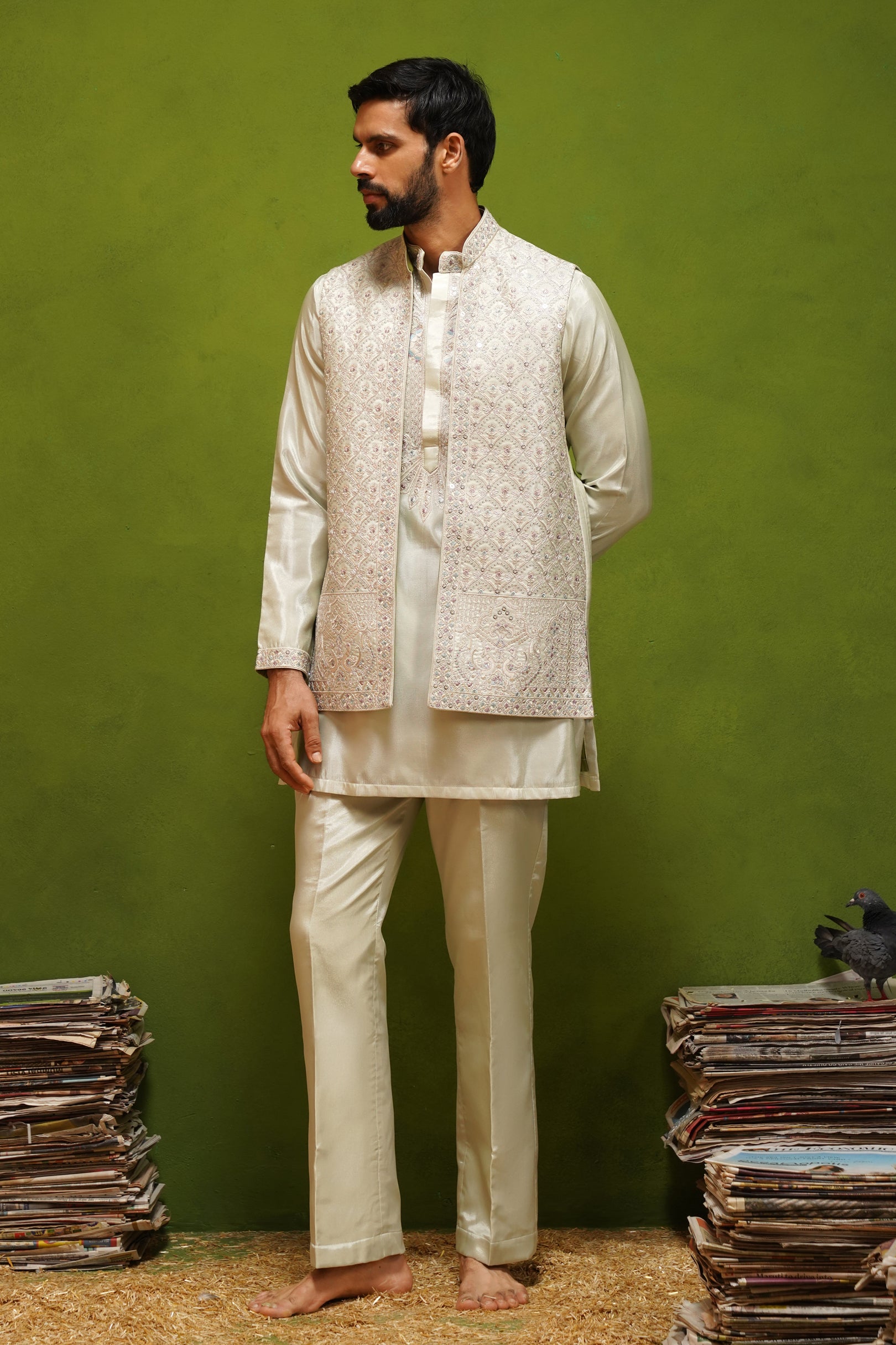 OJASV MEHNDI SHORT KURTA JACKET  SET