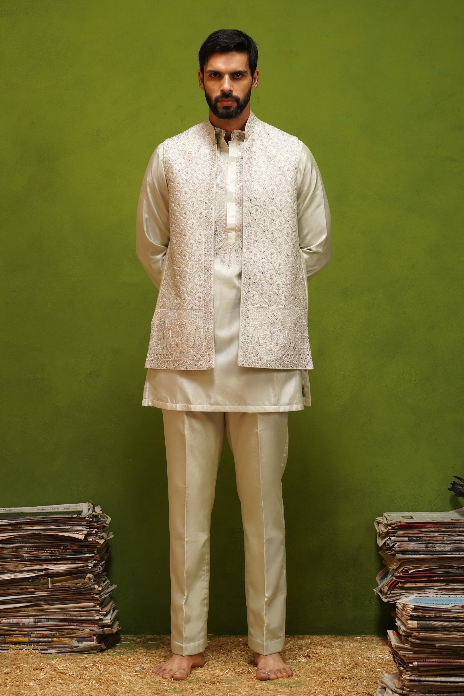 OJASV MEHNDI SHORT KURTA JACKET  SET