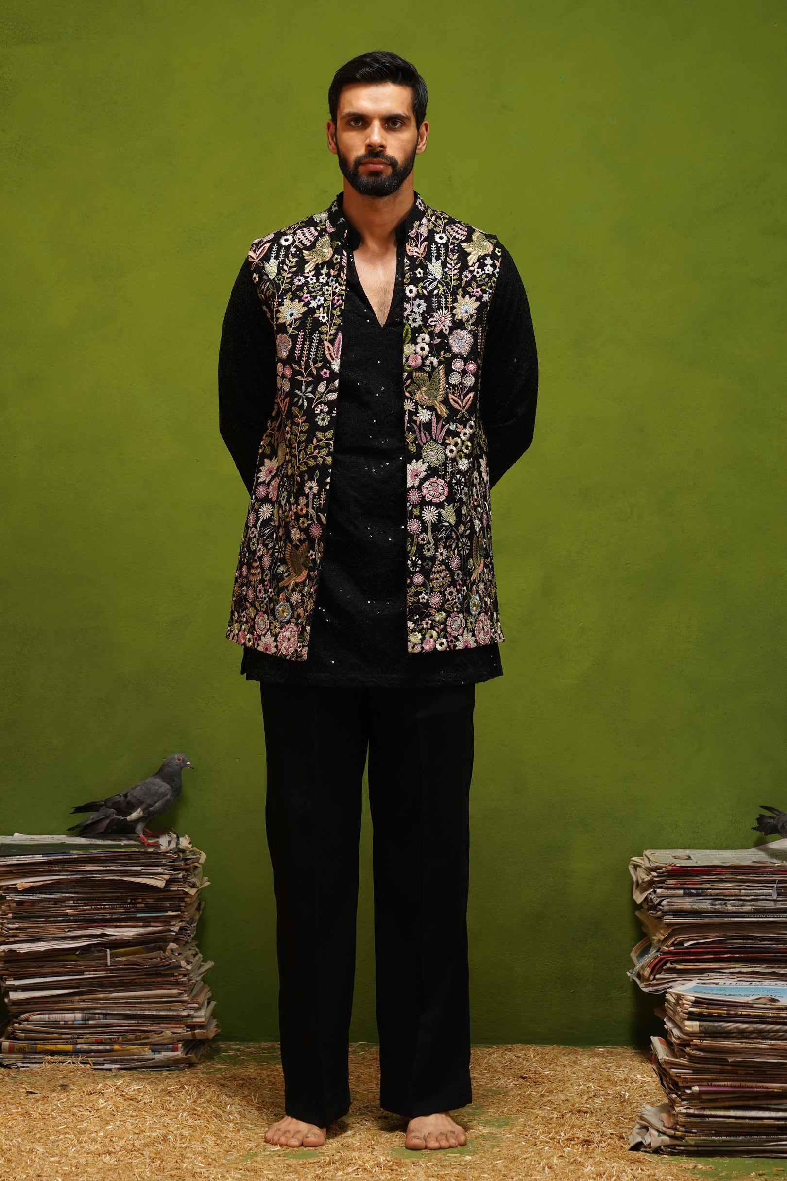 ROOH BLACK SHORT KURTA JACKET  SET