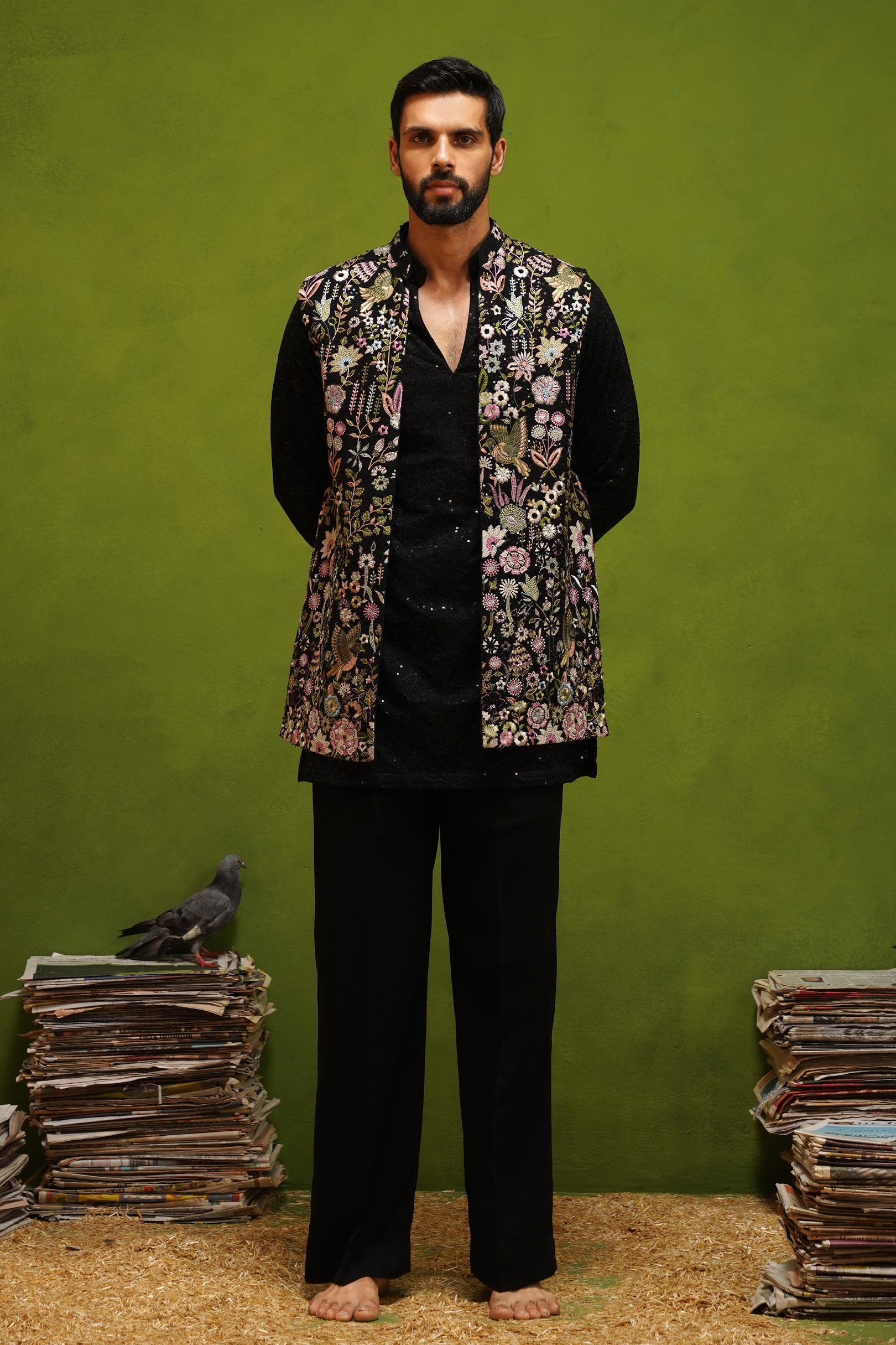 ROOH BLACK SHORT KURTA JACKET  SET