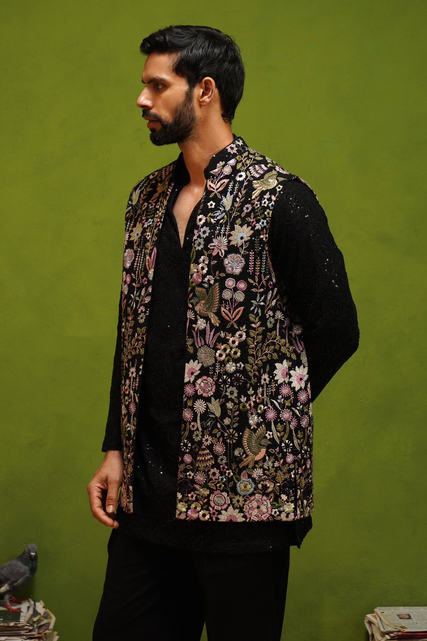 ROOH BLACK SHORT KURTA JACKET  SET