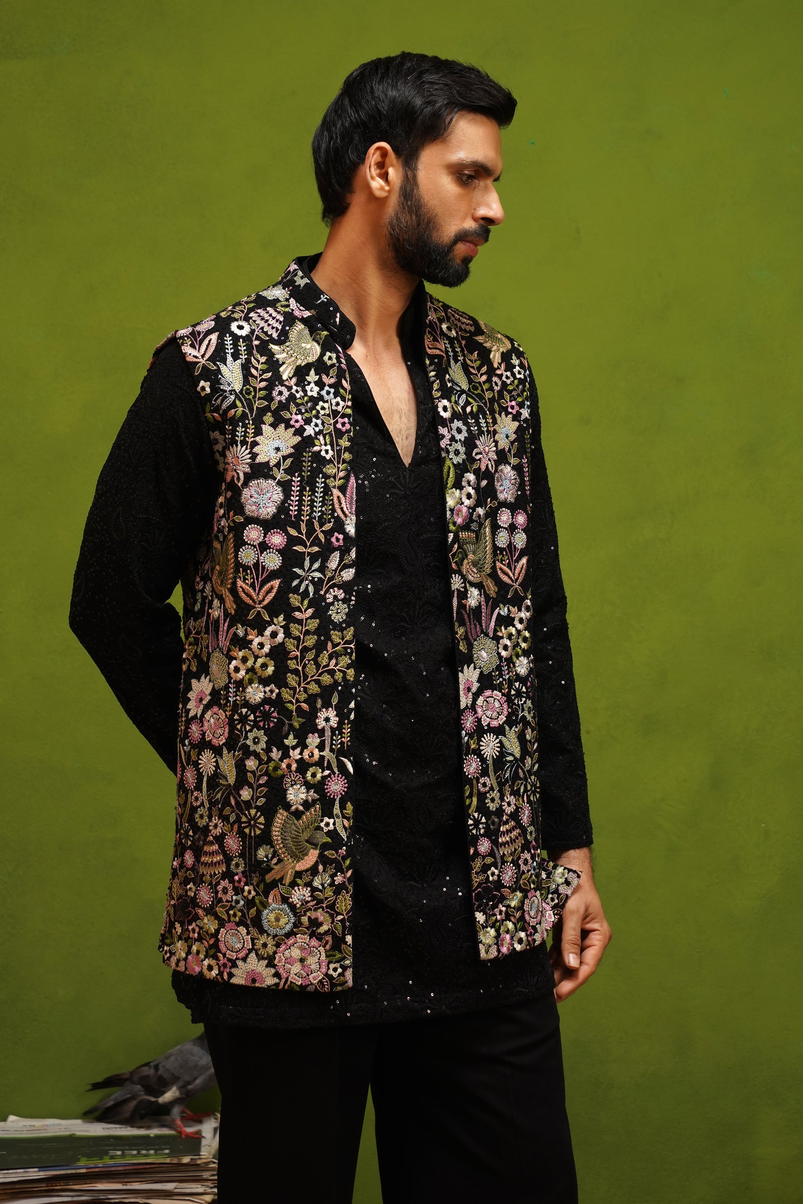 ROOH BLACK SHORT KURTA JACKET  SET