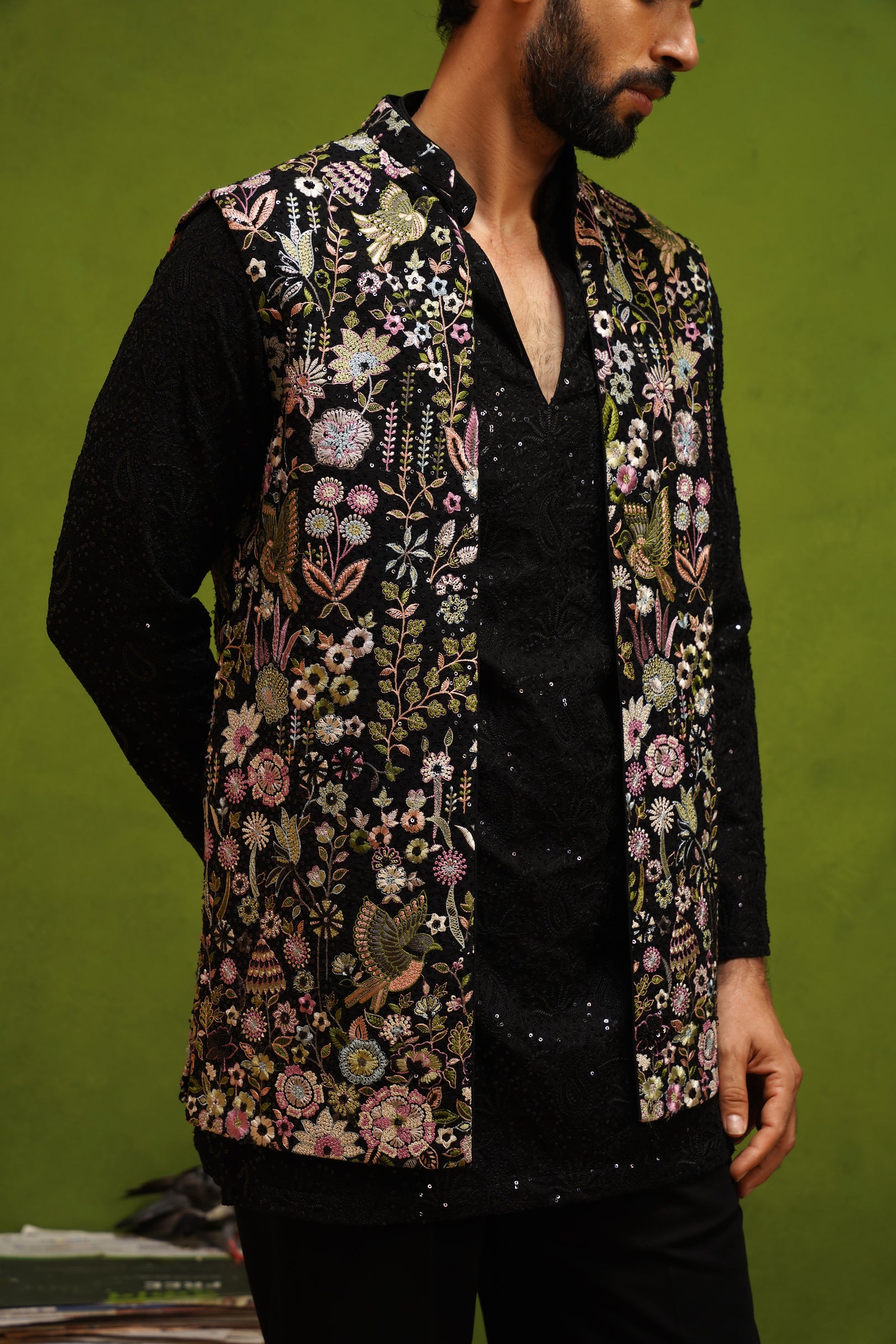 ROOH BLACK SHORT KURTA JACKET  SET
