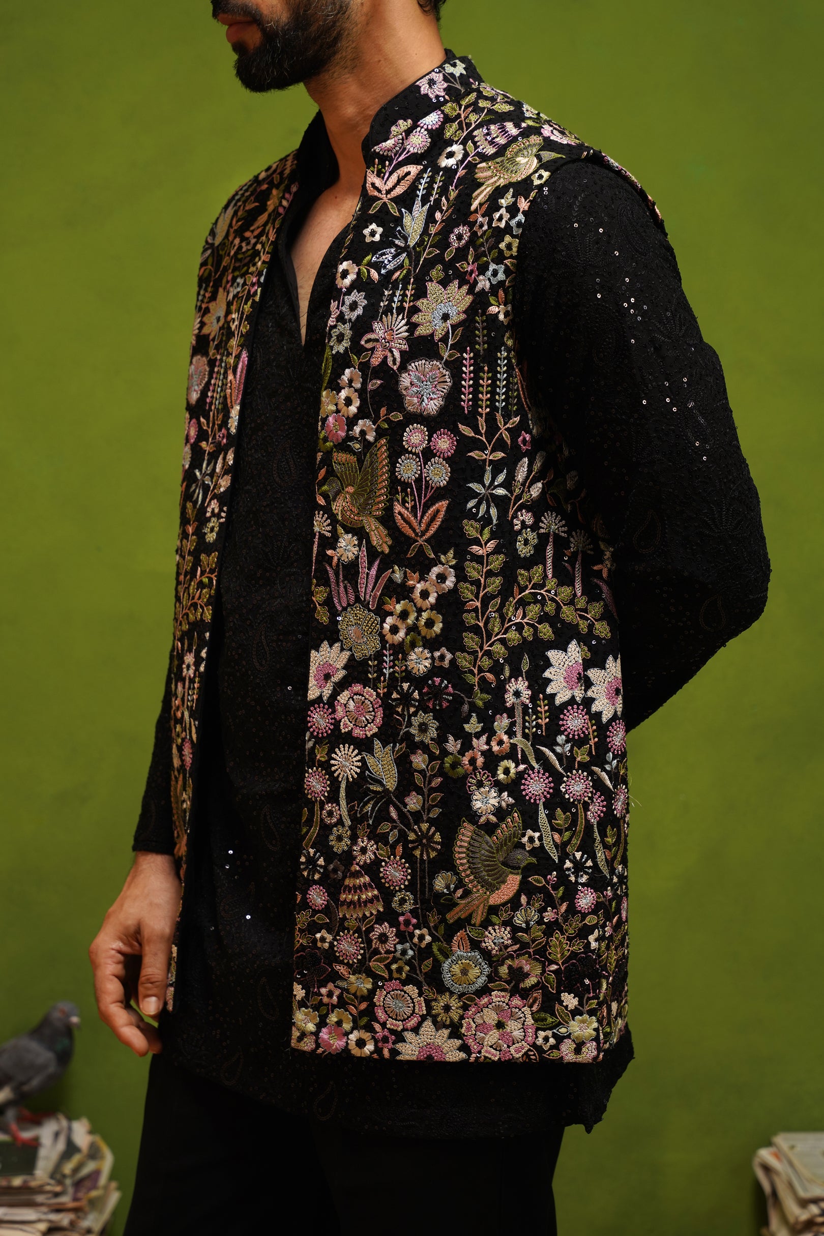 ROOH BLACK SHORT KURTA JACKET  SET