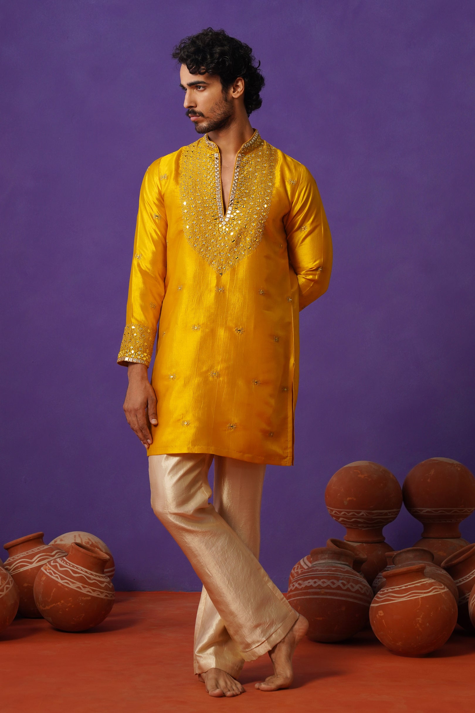 ZOHAYR HALDI V-NECK MIRROR KURTA DUPATTA SET