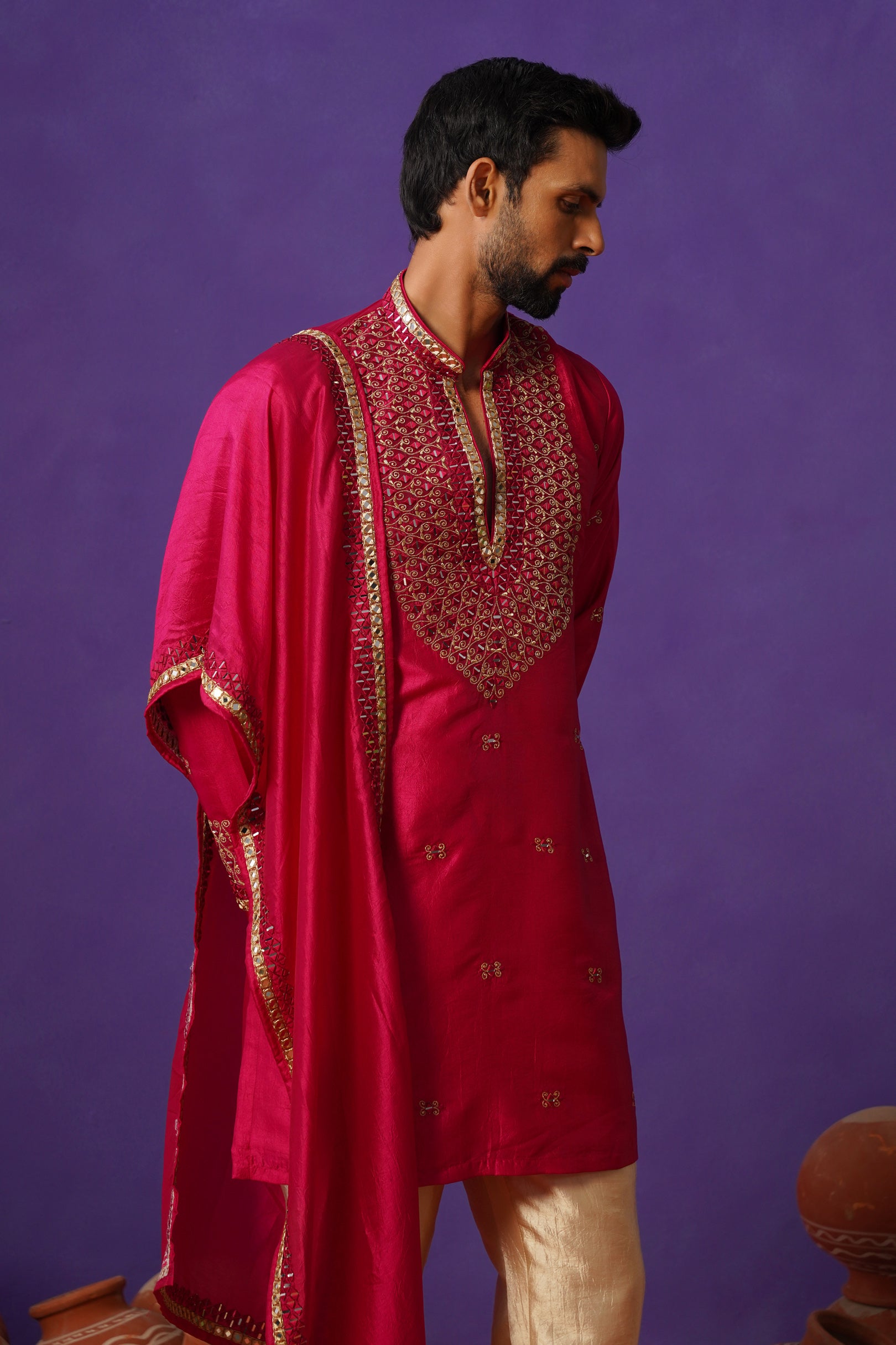 ZOHAYR HOT PINK V-NECK MIRROR KURTA DUPATTA SET