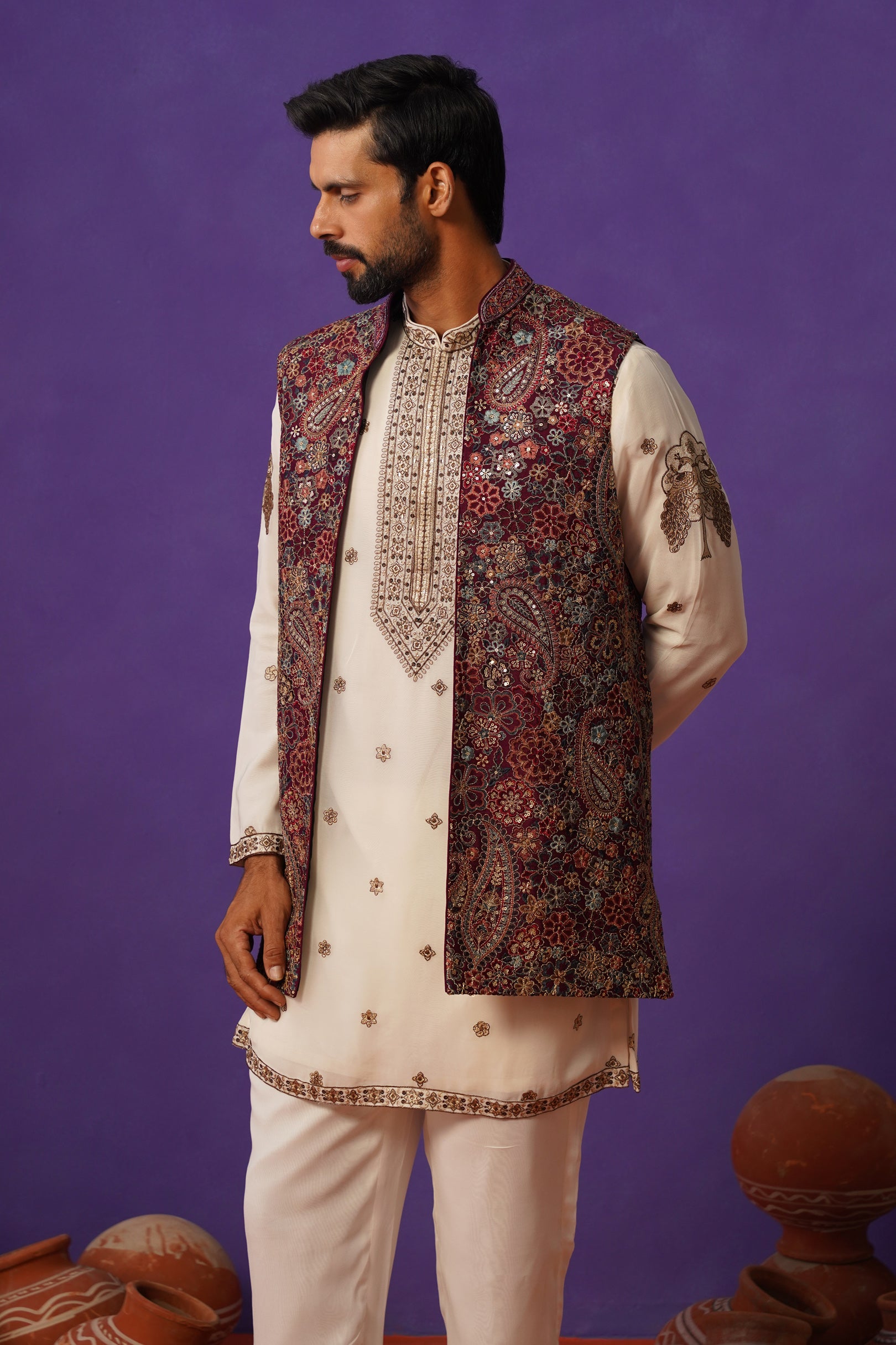 GAGAN WINE SHORT KURTA JACKET SET