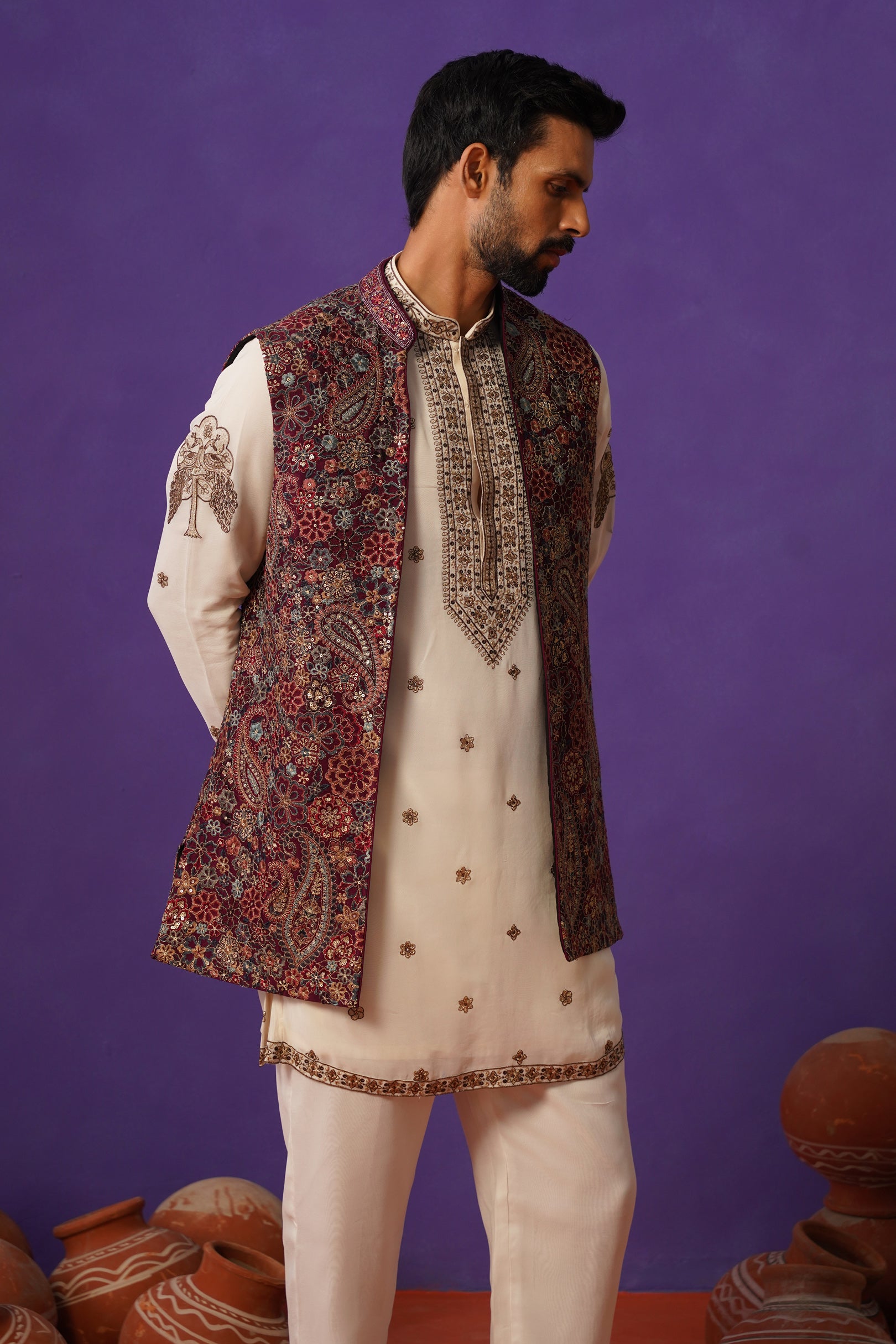 GAGAN WINE SHORT KURTA JACKET SET