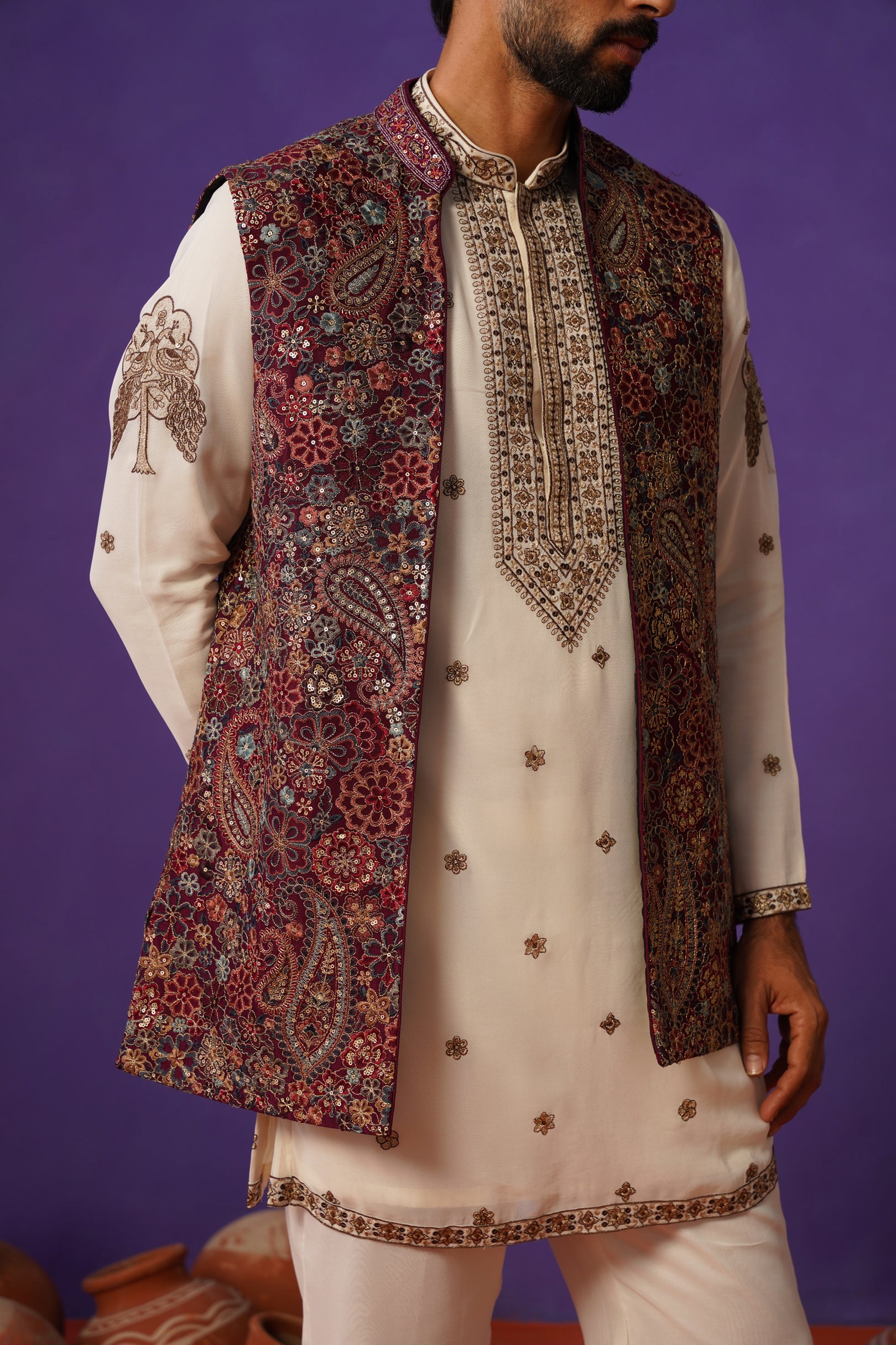 GAGAN WINE SHORT KURTA JACKET SET