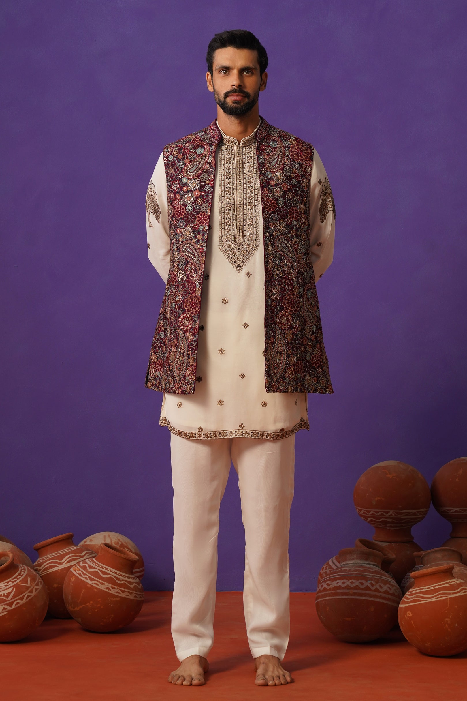 GAGAN WINE SHORT KURTA JACKET SET