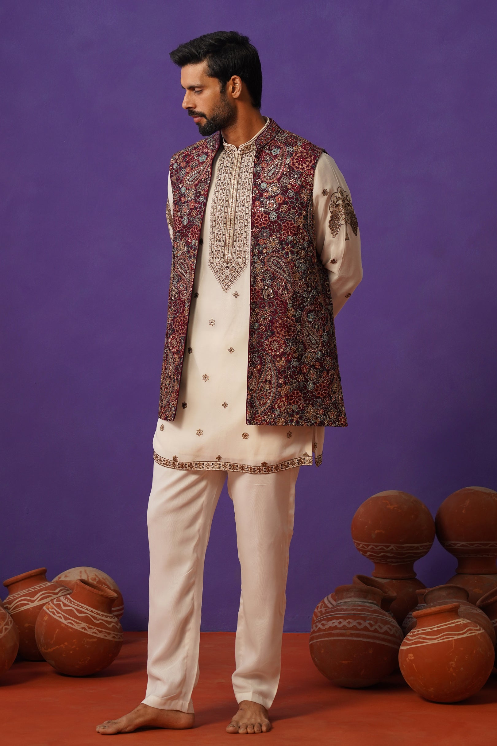 GAGAN WINE SHORT KURTA JACKET SET