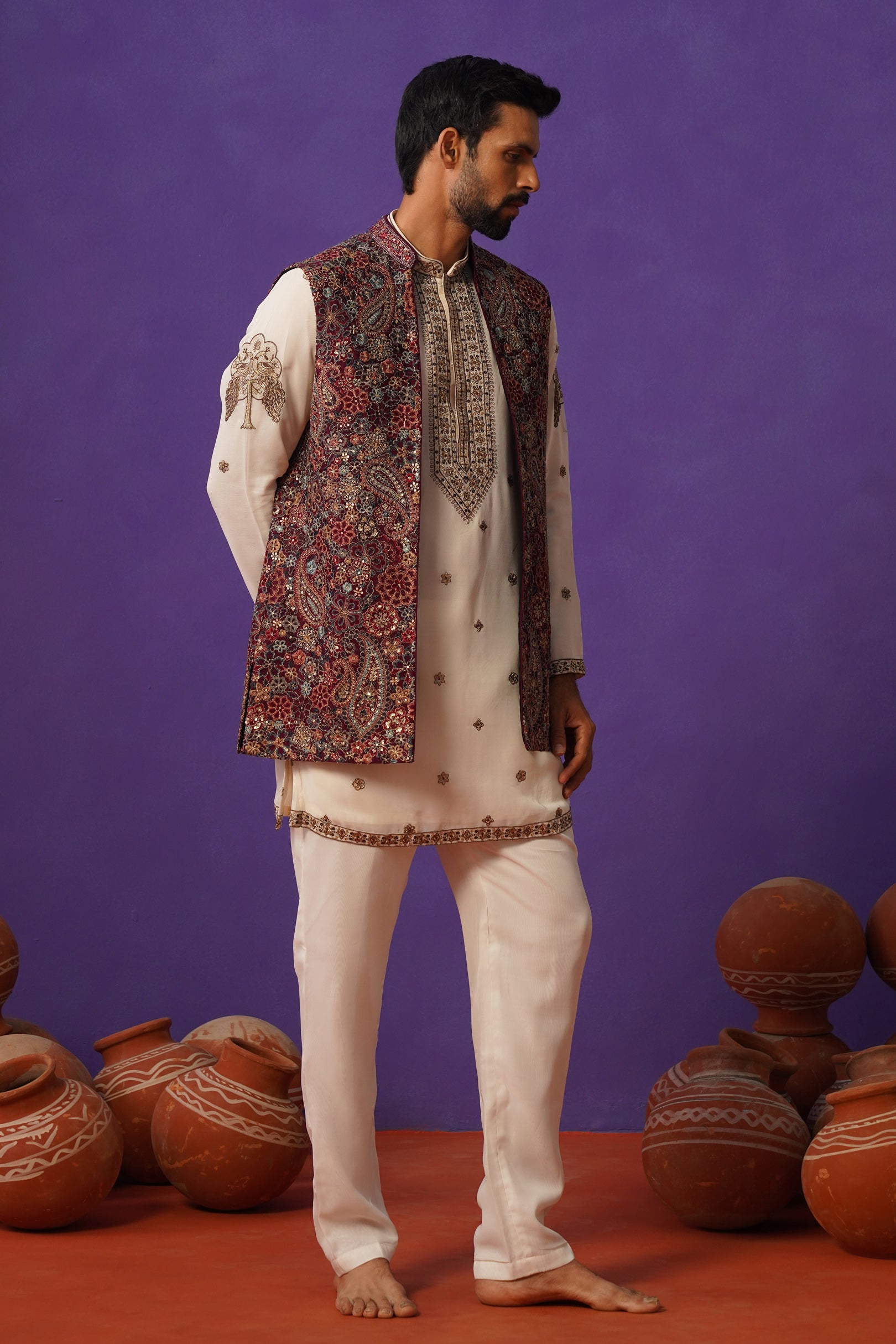 GAGAN WINE SHORT KURTA JACKET SET