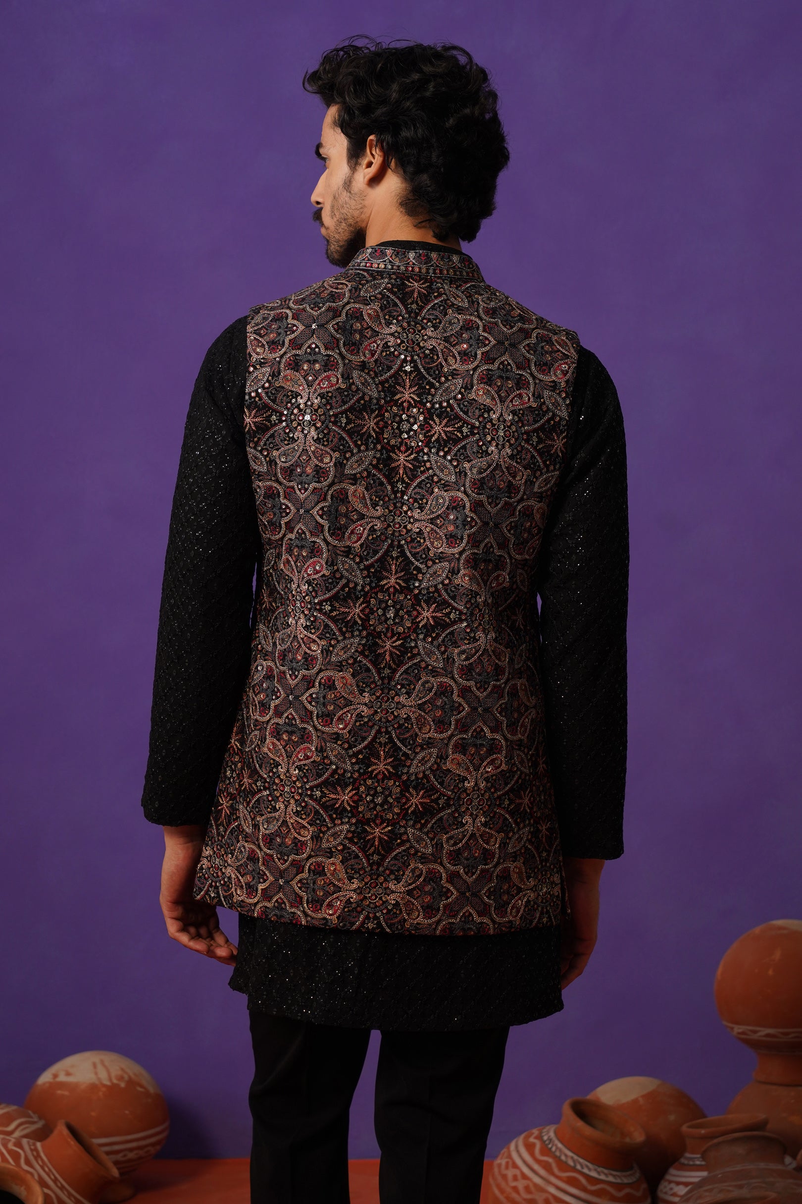 AARIV BLACK SHORT KURTA JACKET SET