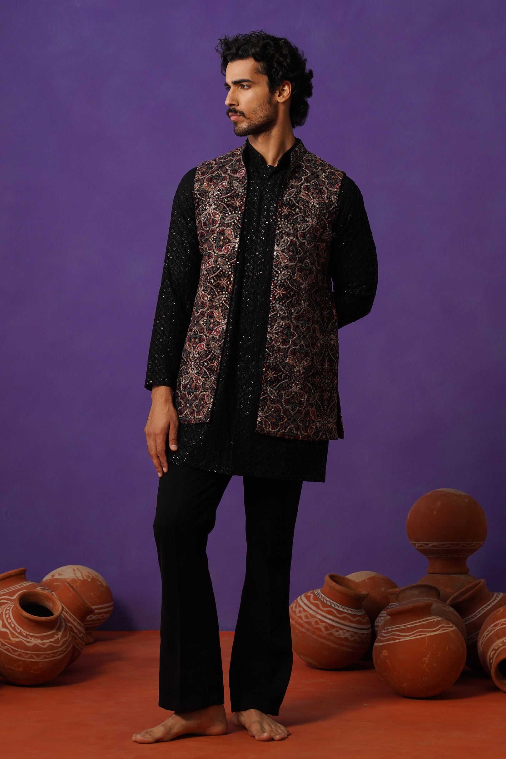 AARIV BLACK SHORT KURTA JACKET SET