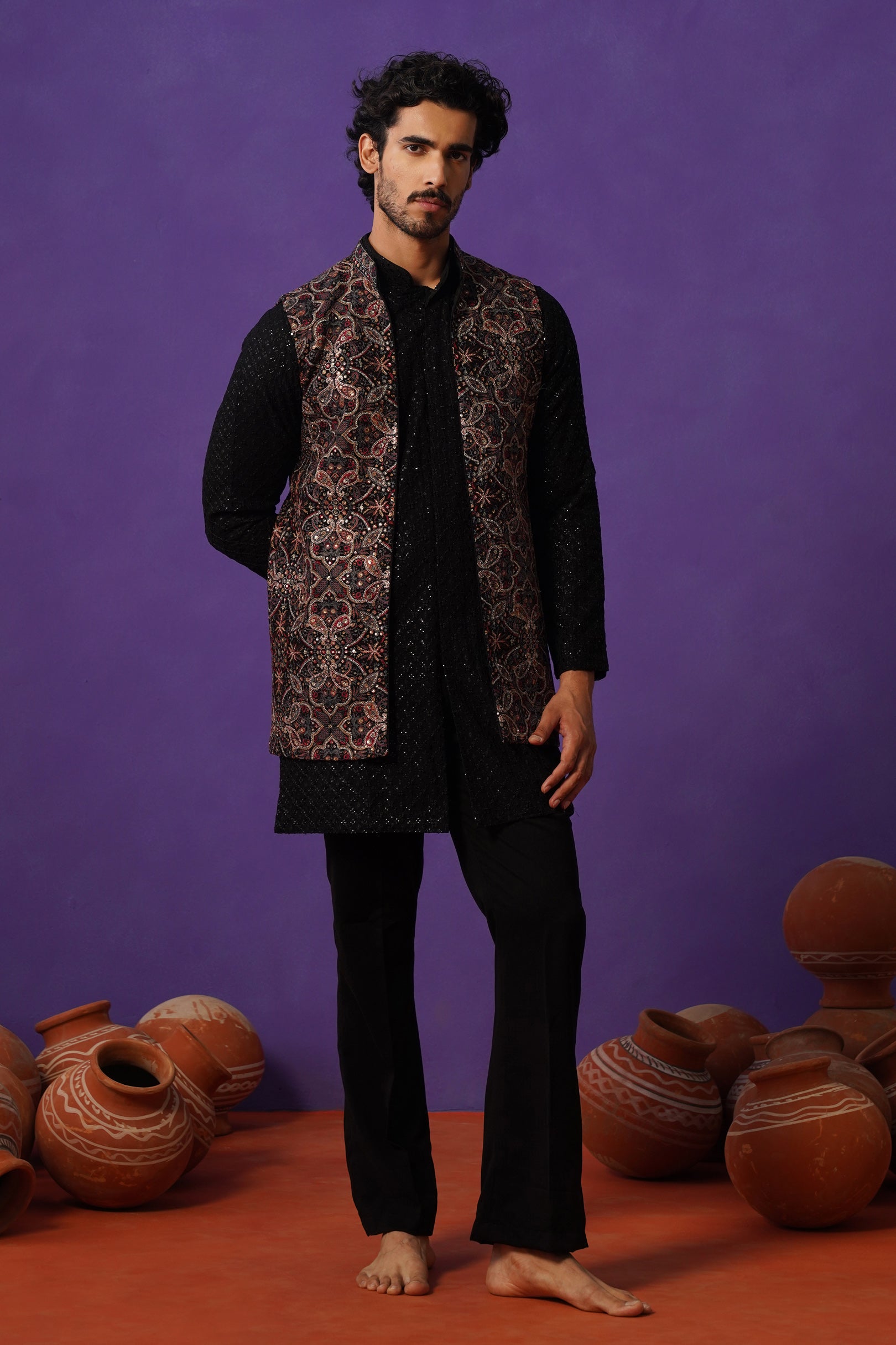 AARIV BLACK SHORT KURTA JACKET SET