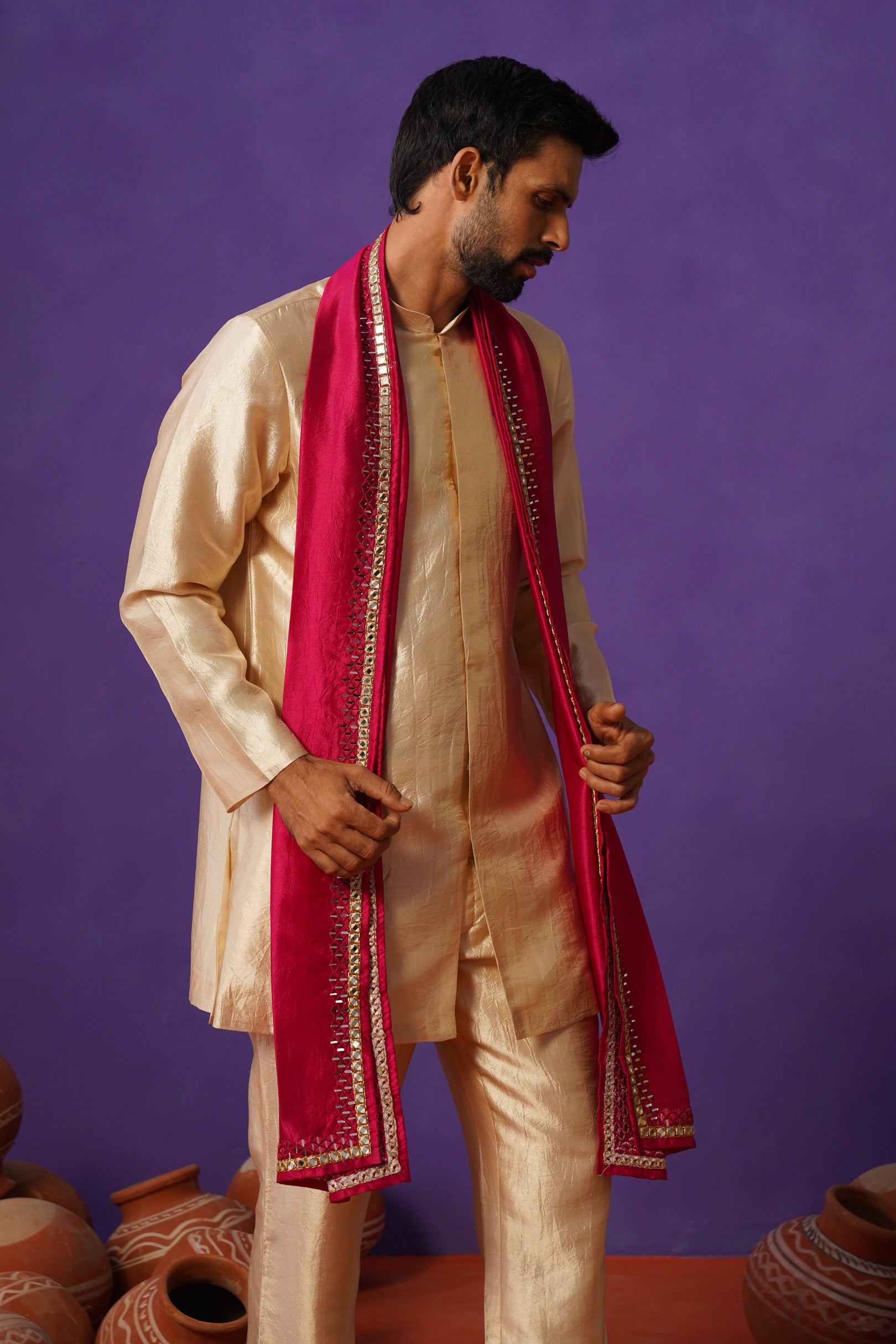 AVEN BEIGE SHORT KURTA DUPATTA SET