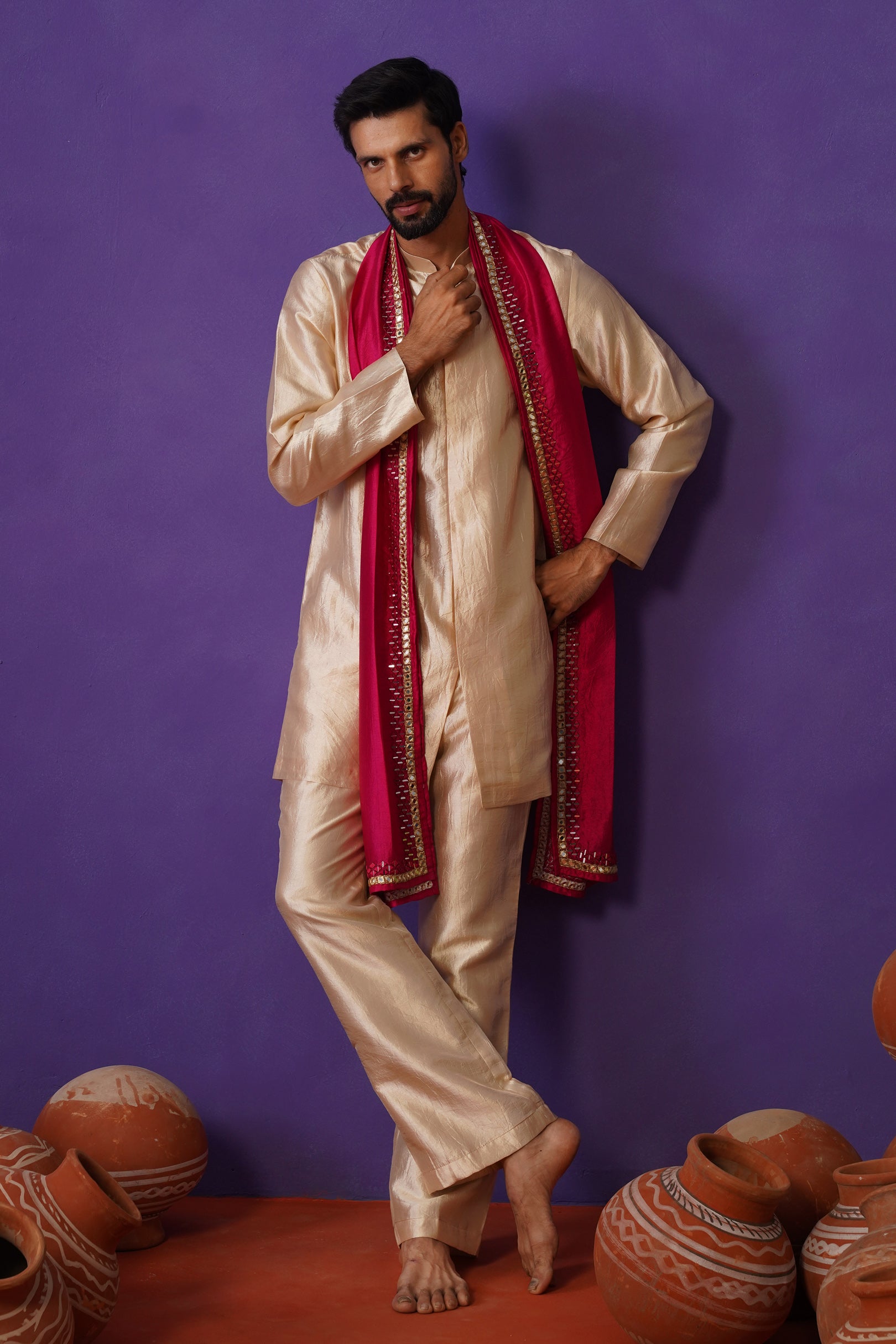 AVEN BEIGE SHORT KURTA DUPATTA SET