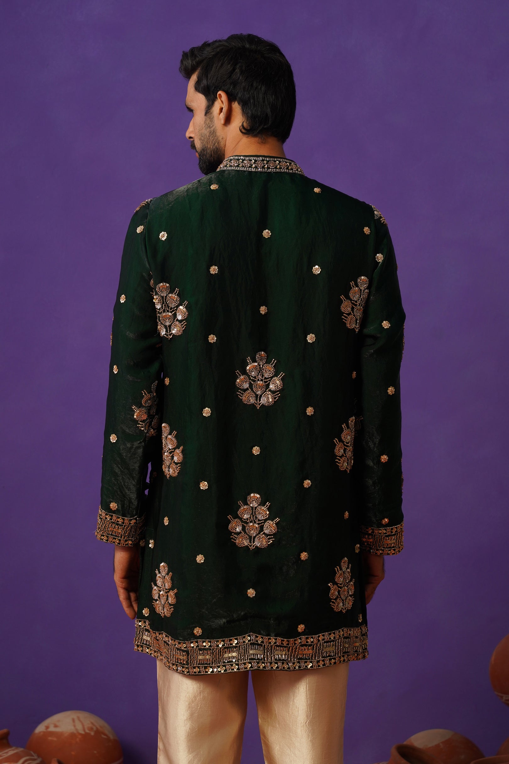 TAJ BOTTLE GREEN SHORT KURTA SET