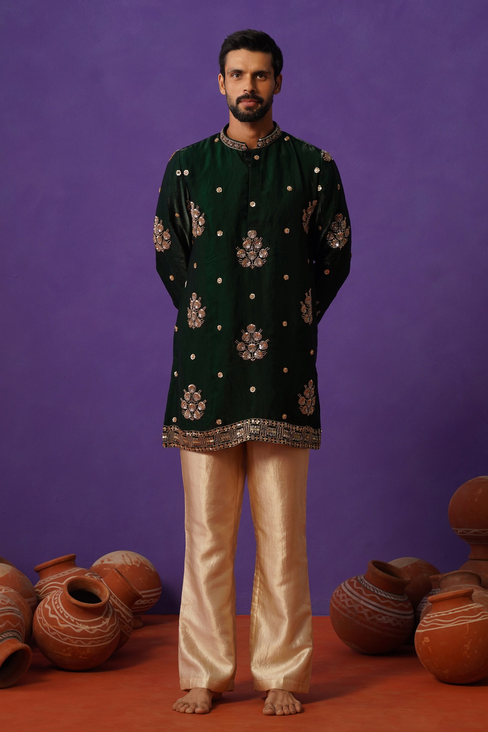 TAJ BOTTLE GREEN SHORT KURTA SET