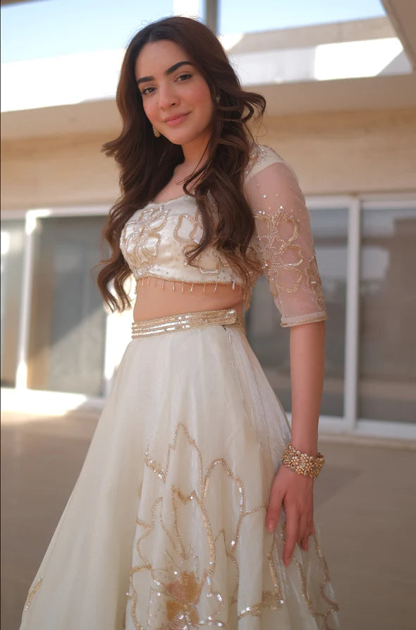 Petal Moon Ivory Organza Lehenga Set