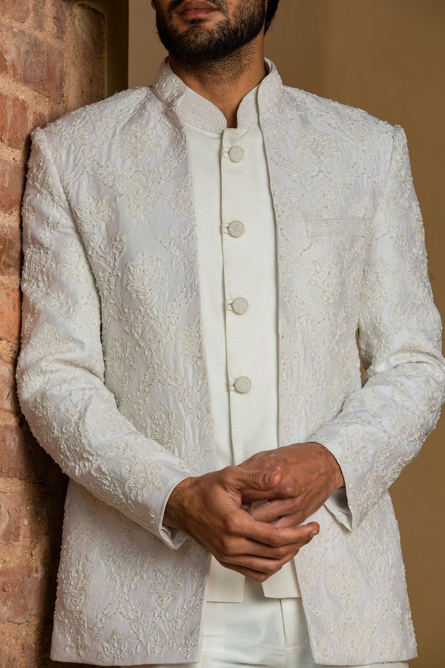 Ivory Raw Silk Short Embroidered Jacket with vest and Pant