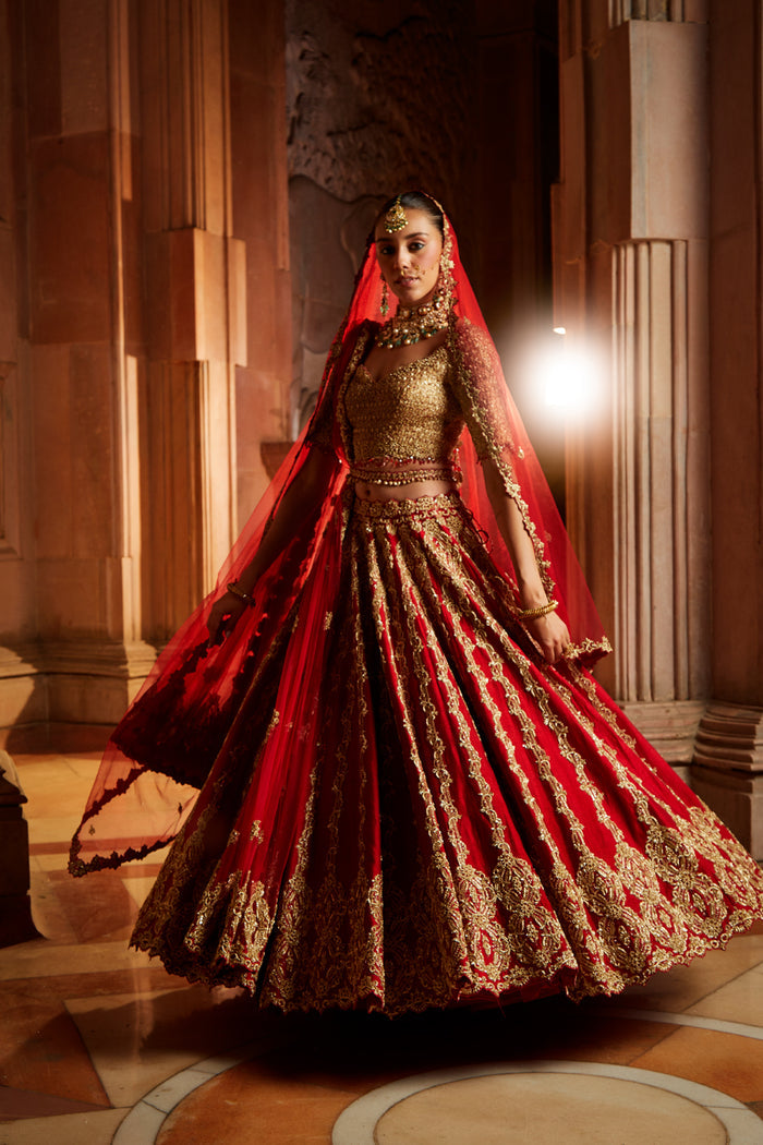 Deep Red Raw Silk Lehenga with Gold Choli and Tulle Dupatta