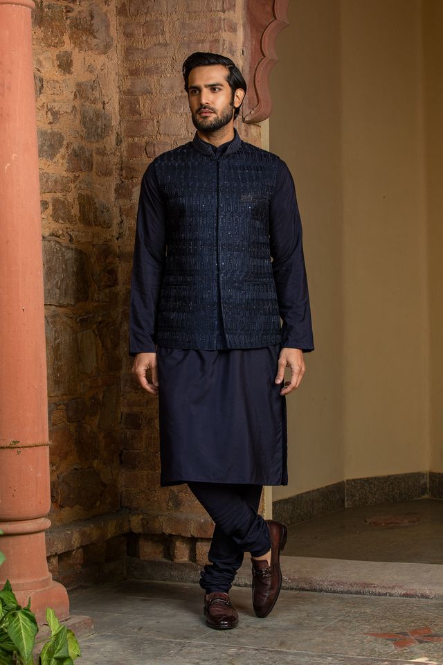 Navy Blue Kurta Churidar With Raw Silk all Over Embroidered Nehru Jacket