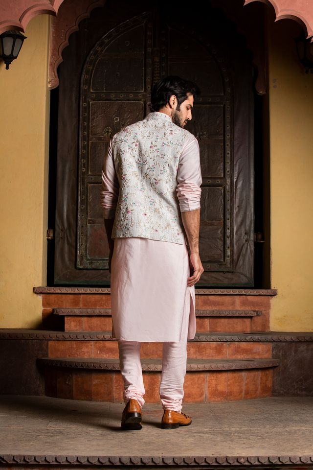 Cream Matka Embroidered Jacket  with Blush Pink Kurta & Churidar
