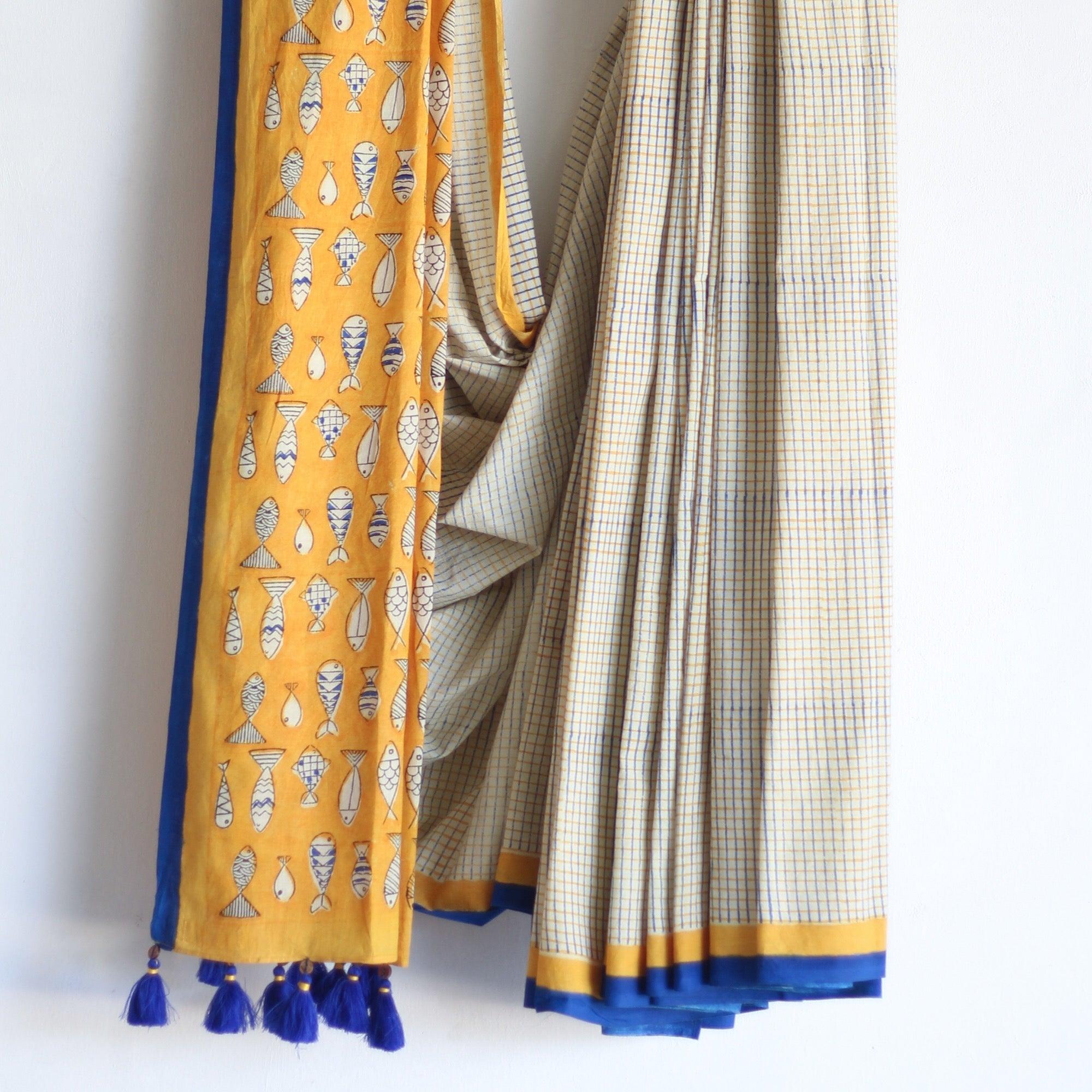 SAREE - Chex with Fish print - CHHAPA