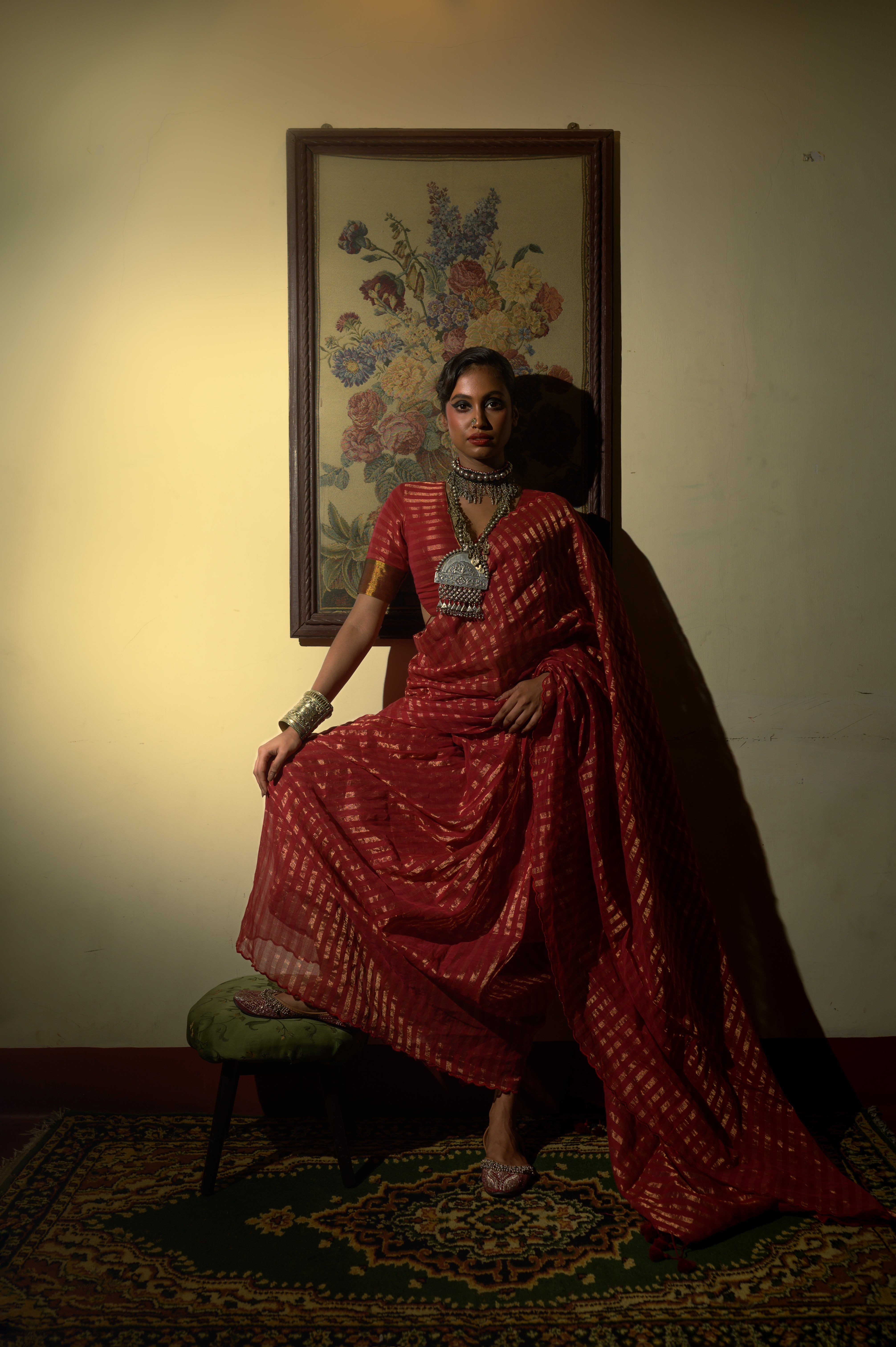 Femme Fatale I Maroon Handloom Cotton Saree With Zari Stripes And Scaloped Border